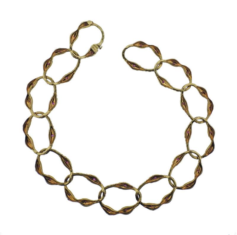 1980s Angela Cummings Ruby Gold Link Necklace