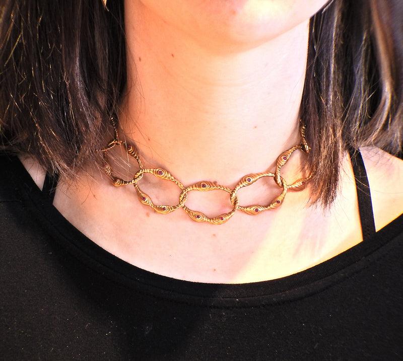 1980s Angela Cummings Ruby Gold Link Necklace