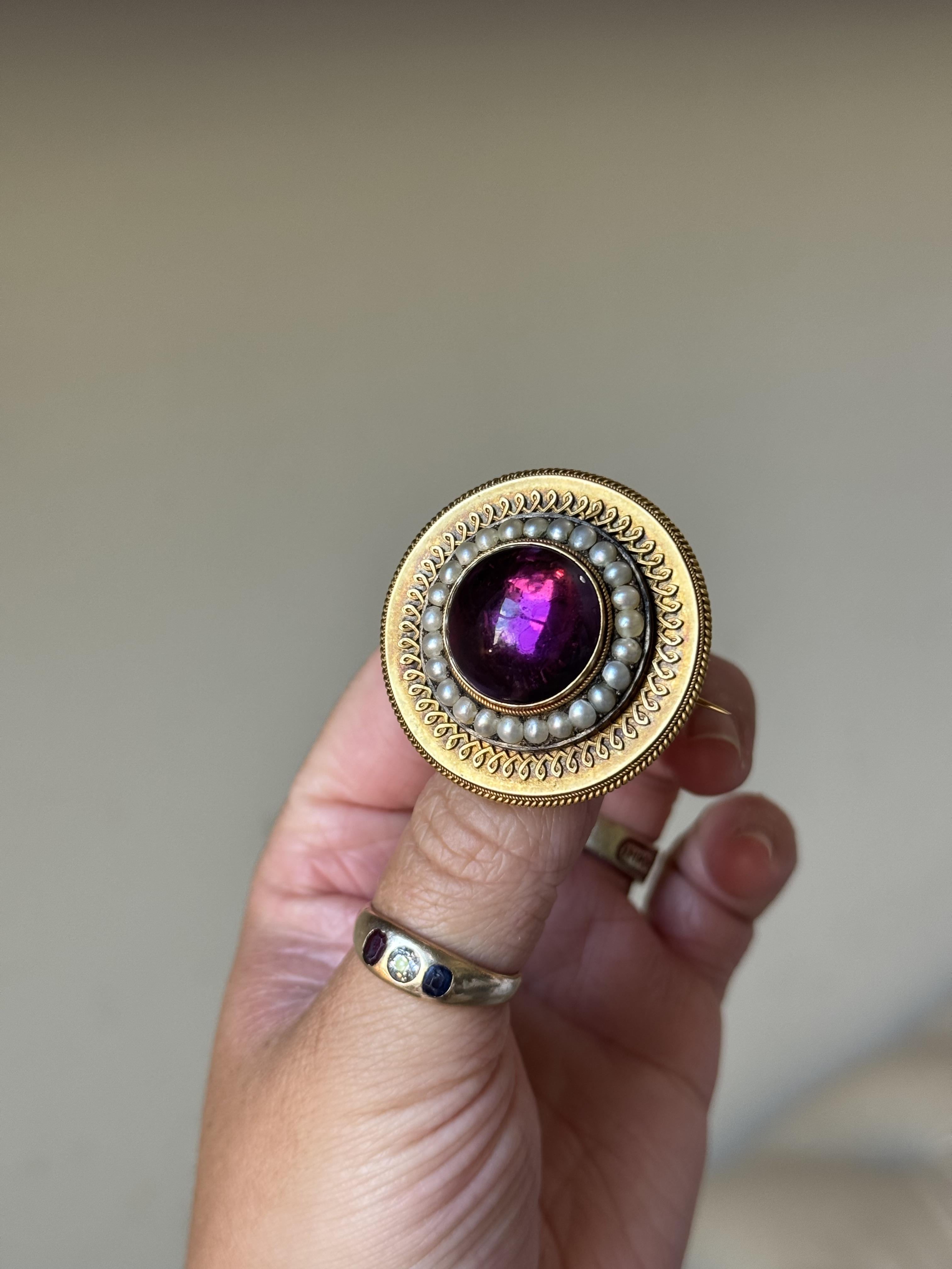 Antique Victorian Pearl Amethyst Gold Locket Brooch Pin