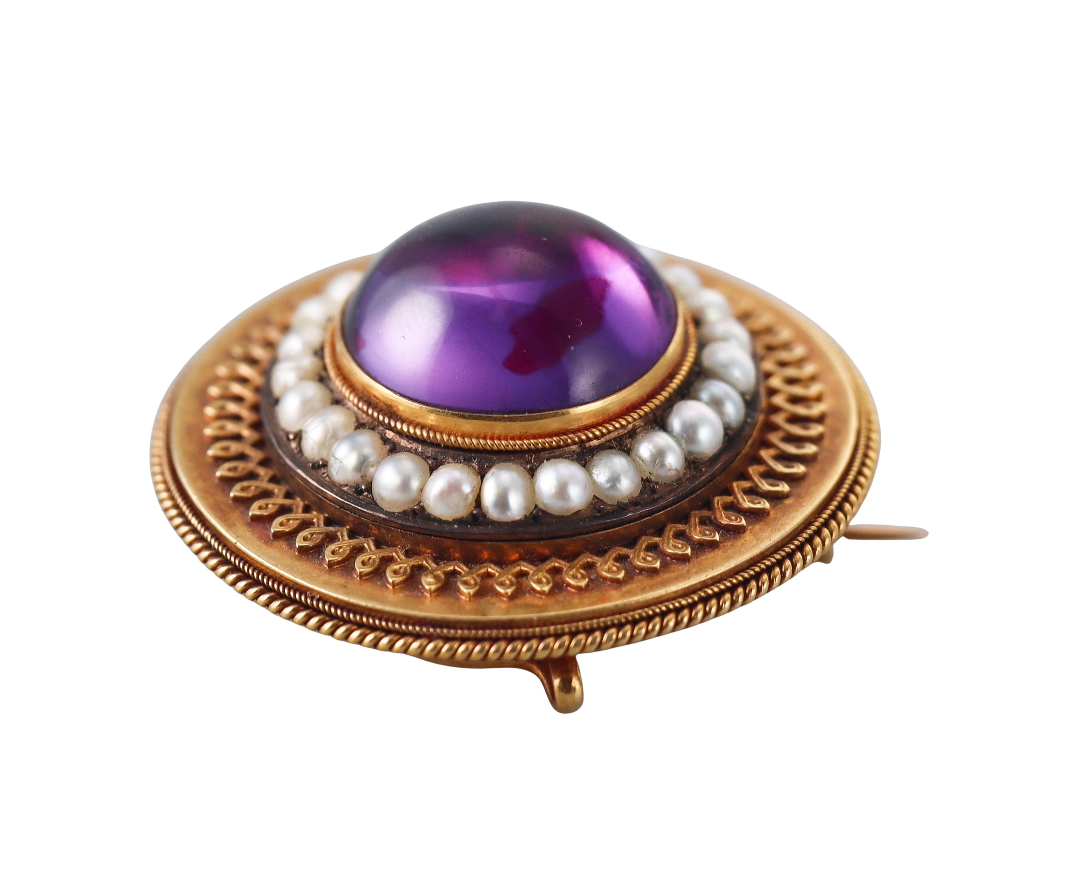 Antique Victorian Pearl Amethyst Gold Locket Brooch Pin
