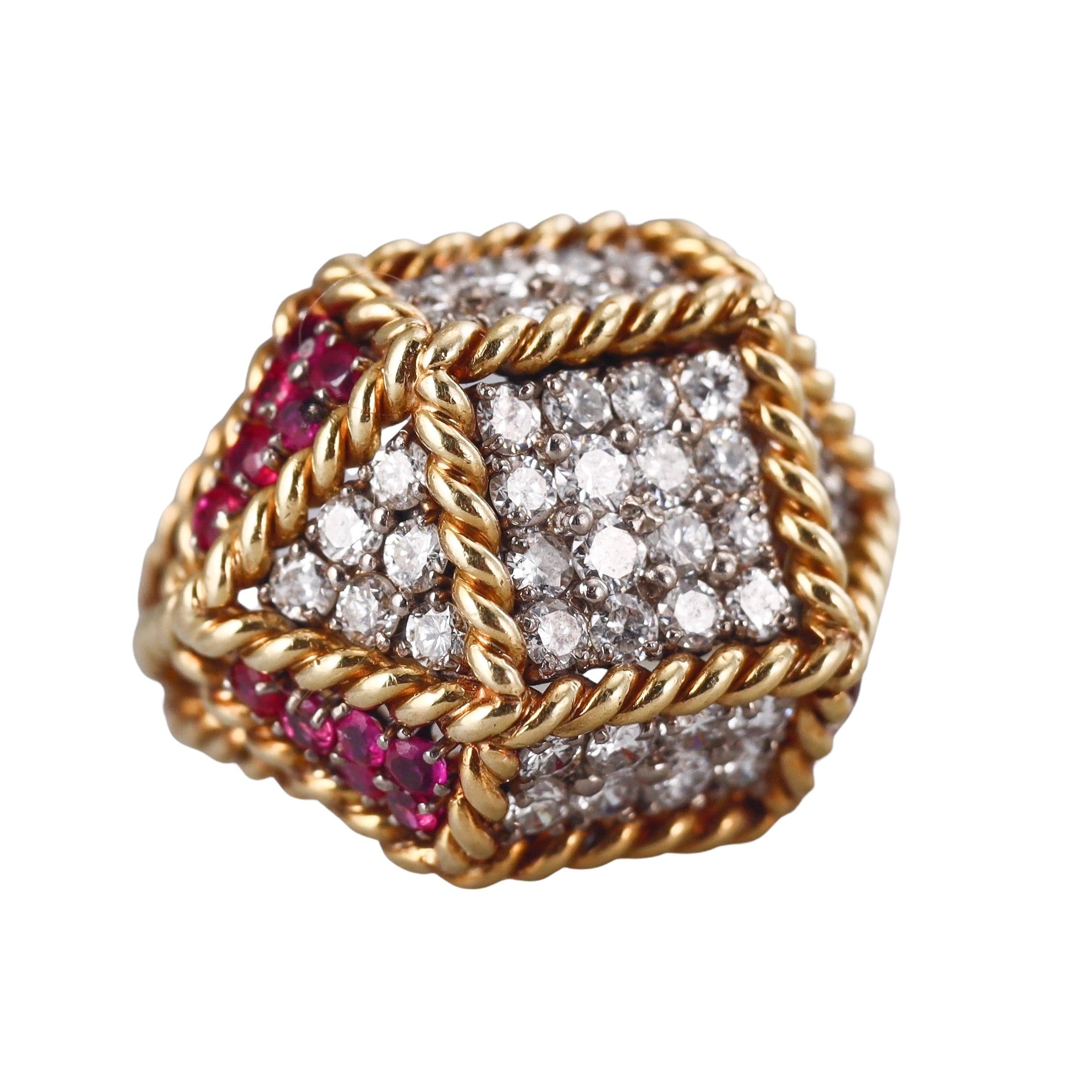 1960s Geometric Gold Woven Diamond Ruby Cocktail Ring
