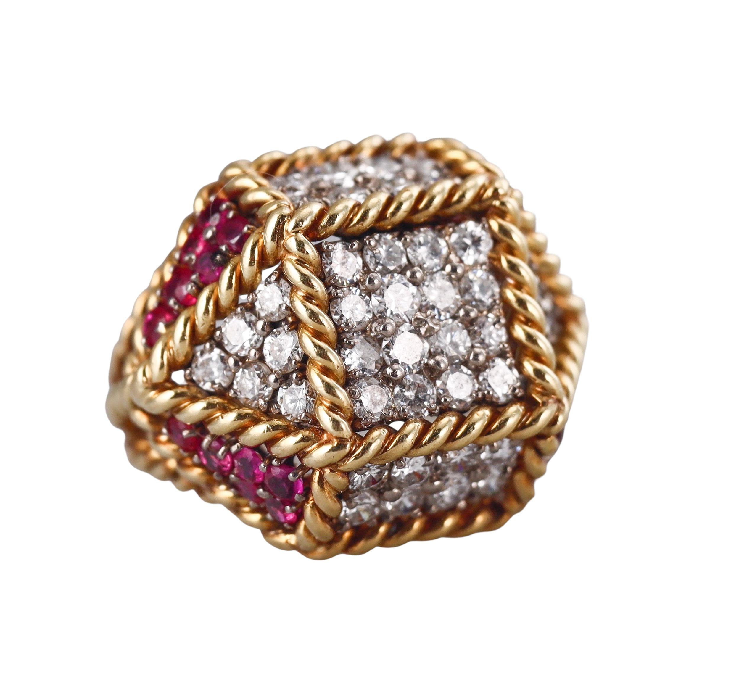 1960s Geometric Gold Woven Diamond Ruby Cocktail Ring