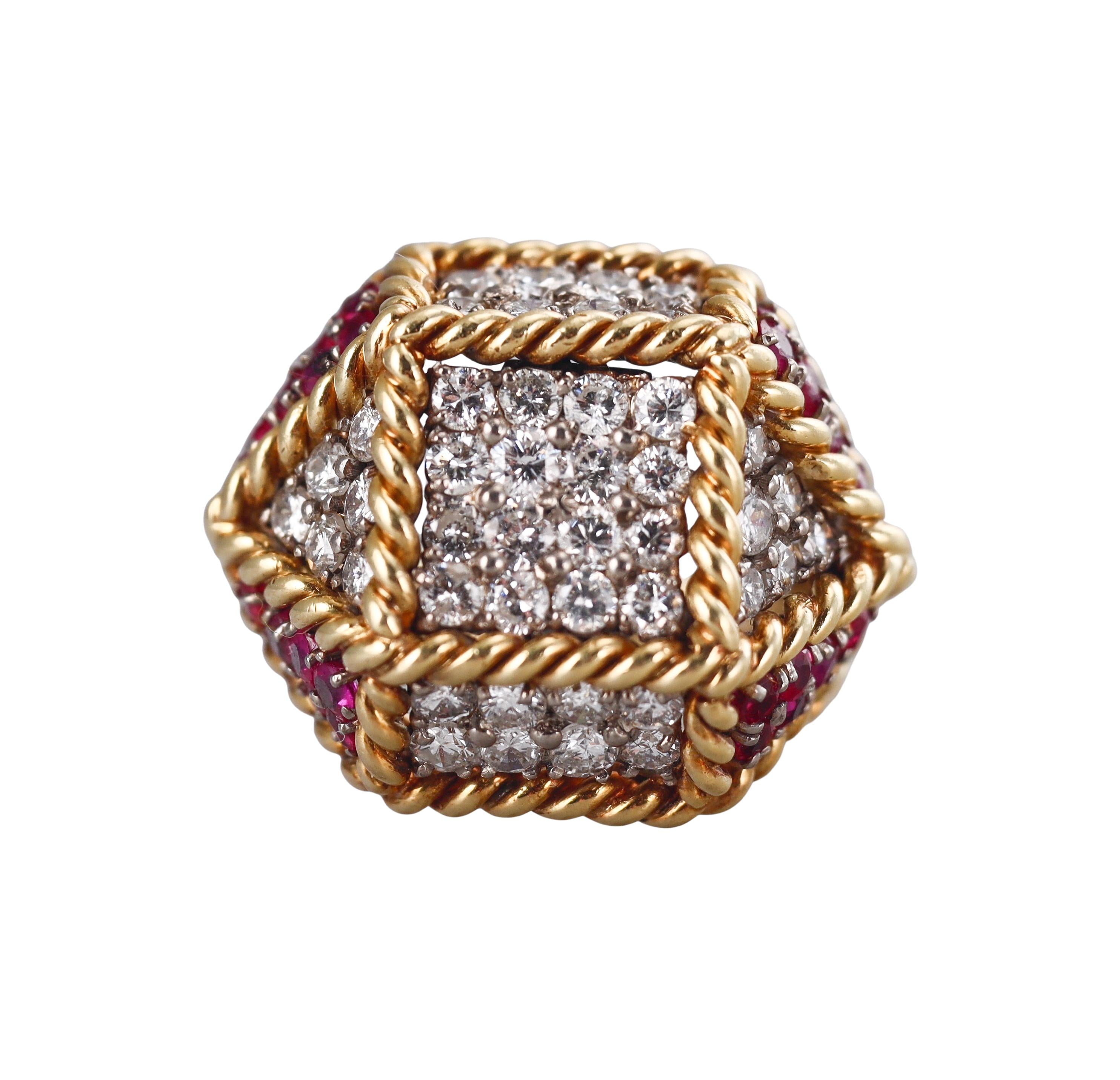 1960s Geometric Gold Woven Diamond Ruby Cocktail Ring