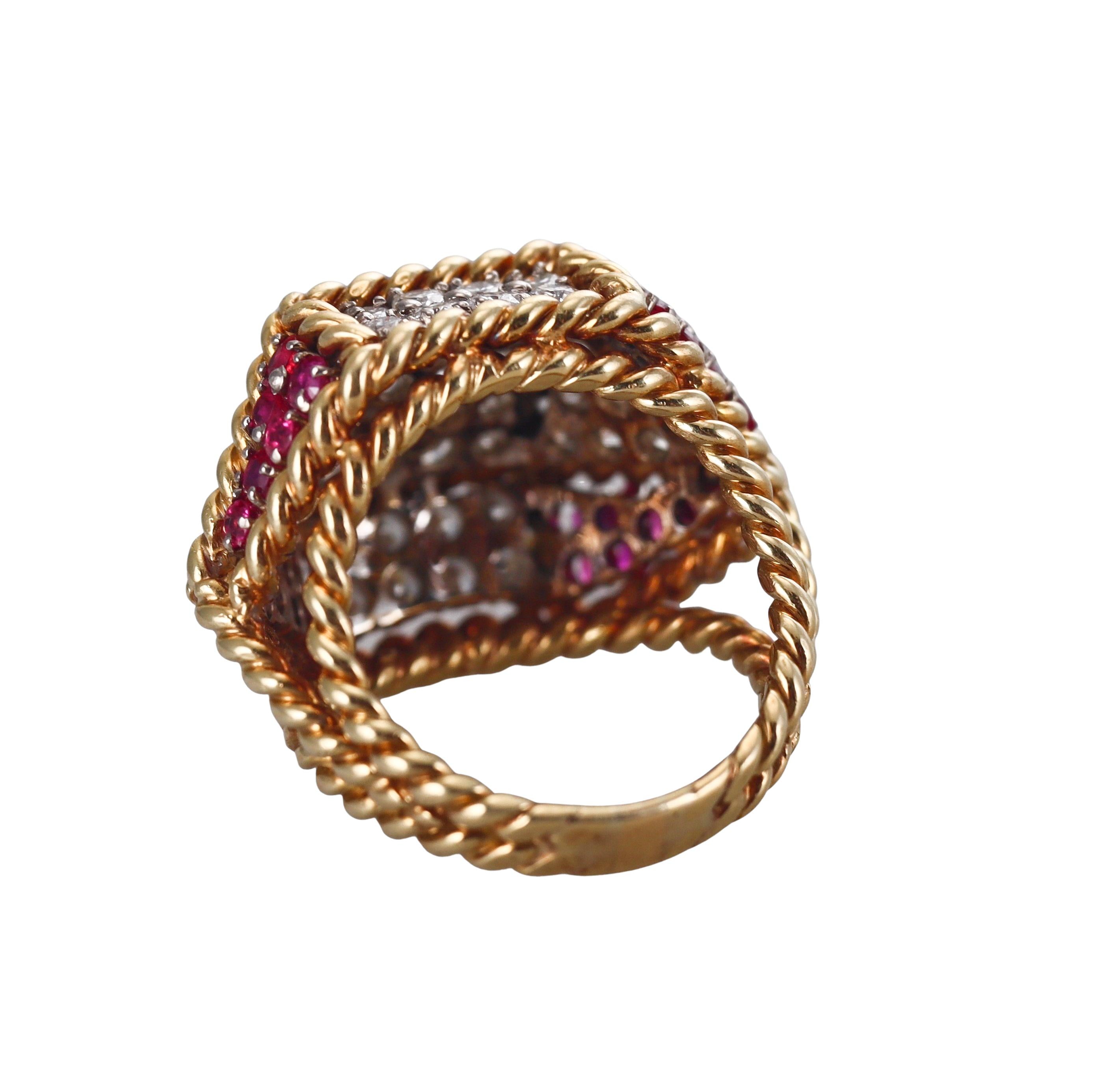1960s Geometric Gold Woven Diamond Ruby Cocktail Ring