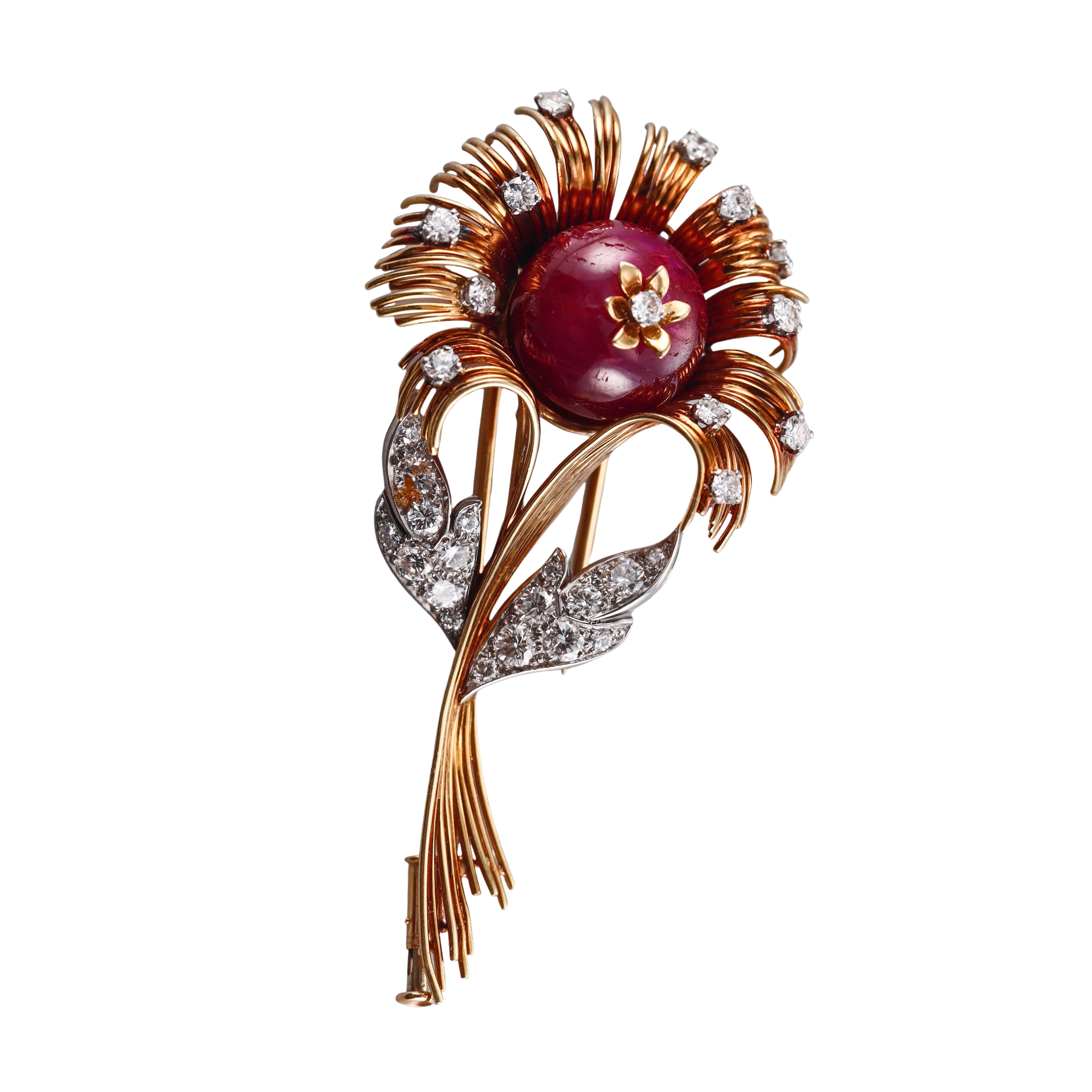 Continental 1960s 18k Gold Star Ruby Diamond Flower Brooch Pin