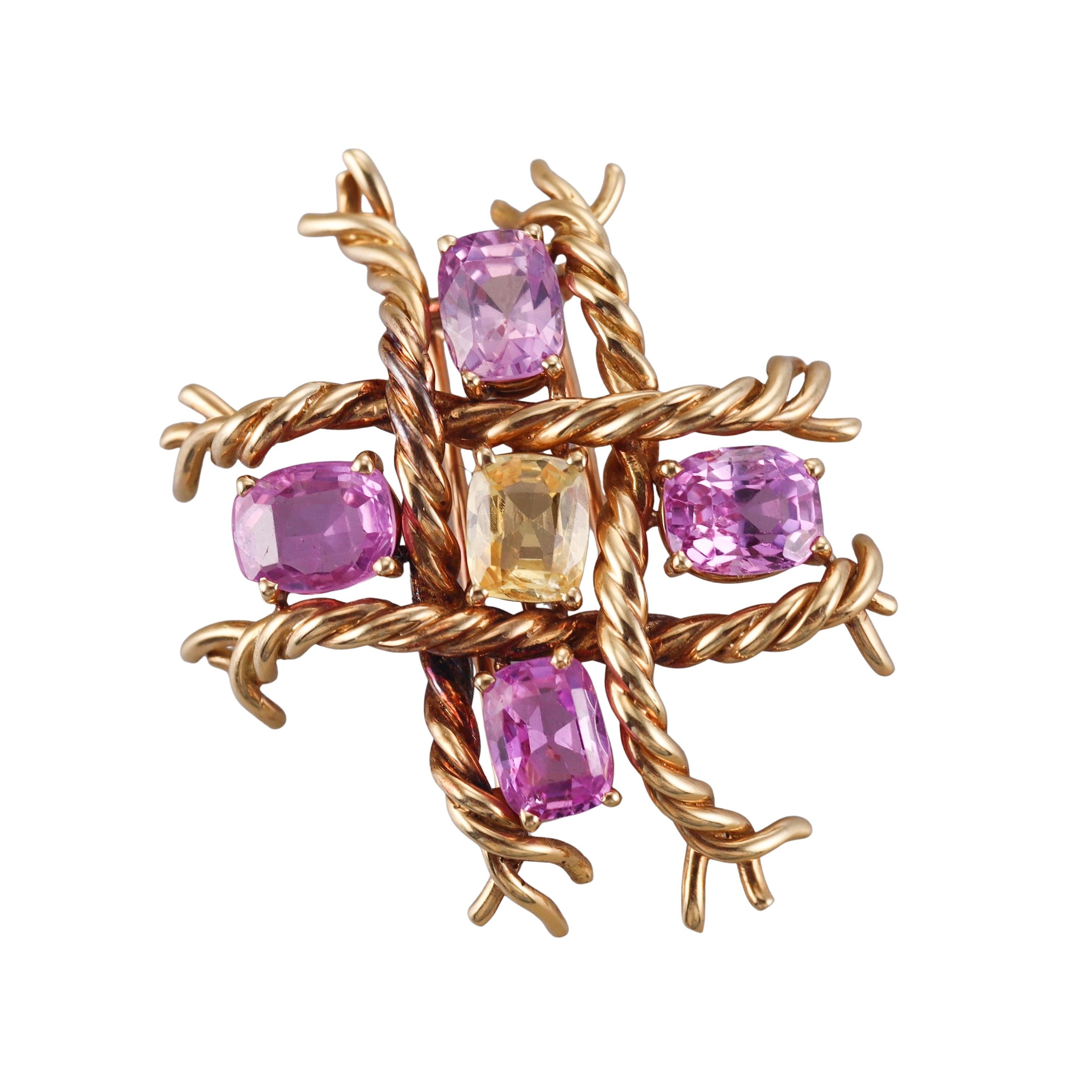 French Mid Century Yellow Pink Sapphire Gold Brooch