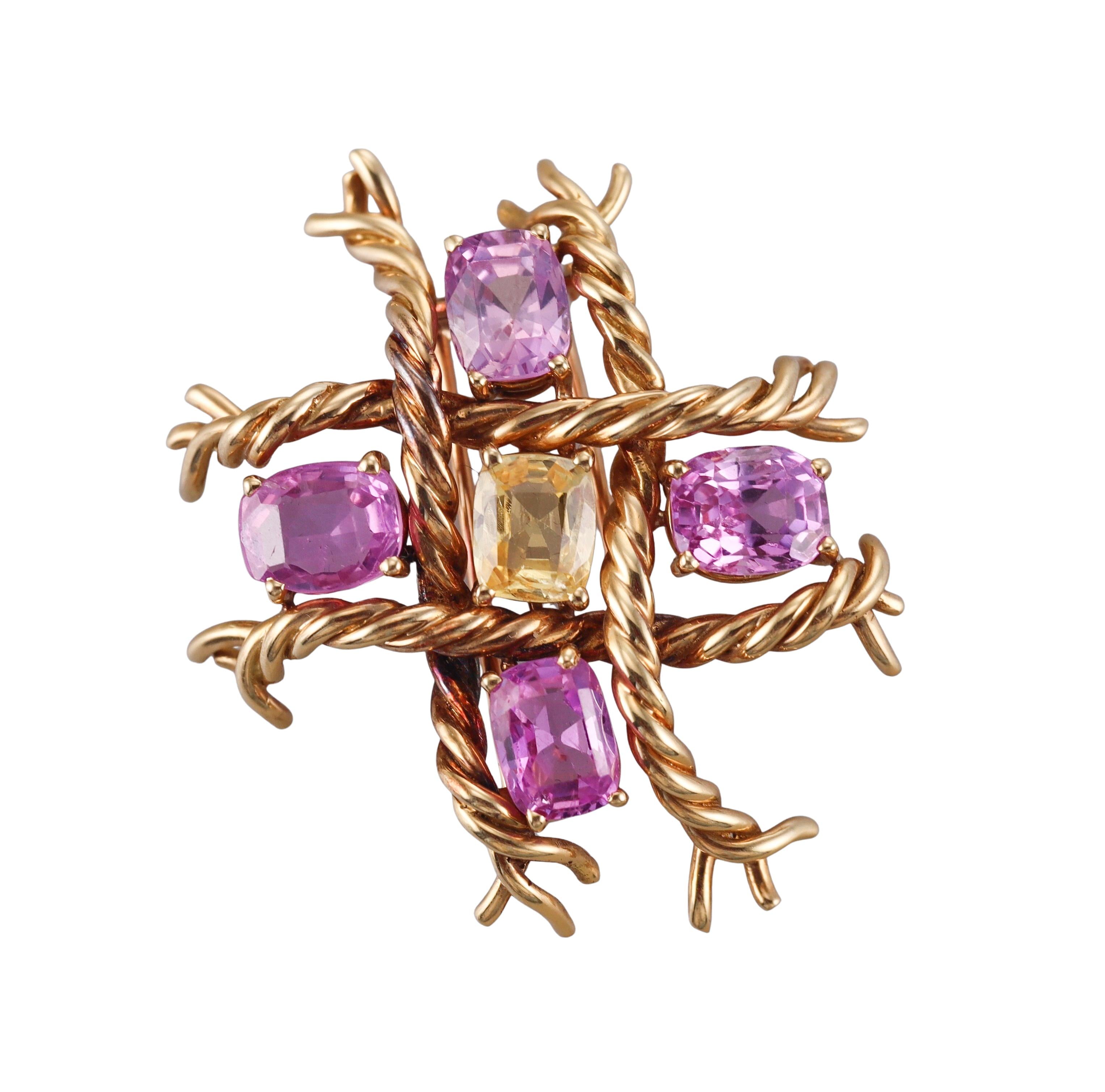 French Mid Century Yellow Pink Sapphire Gold Brooch