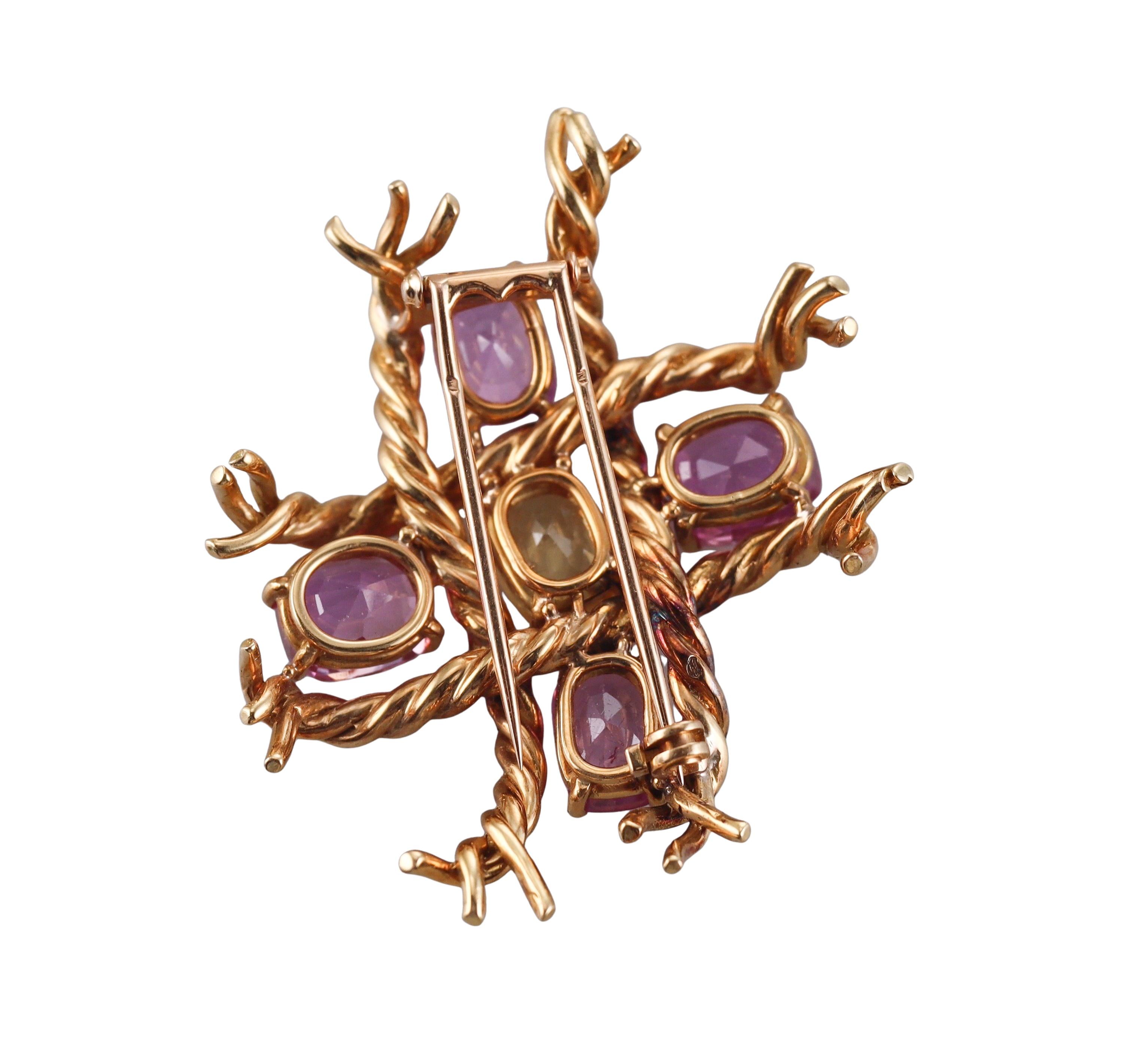 French Mid Century Yellow Pink Sapphire Gold Brooch
