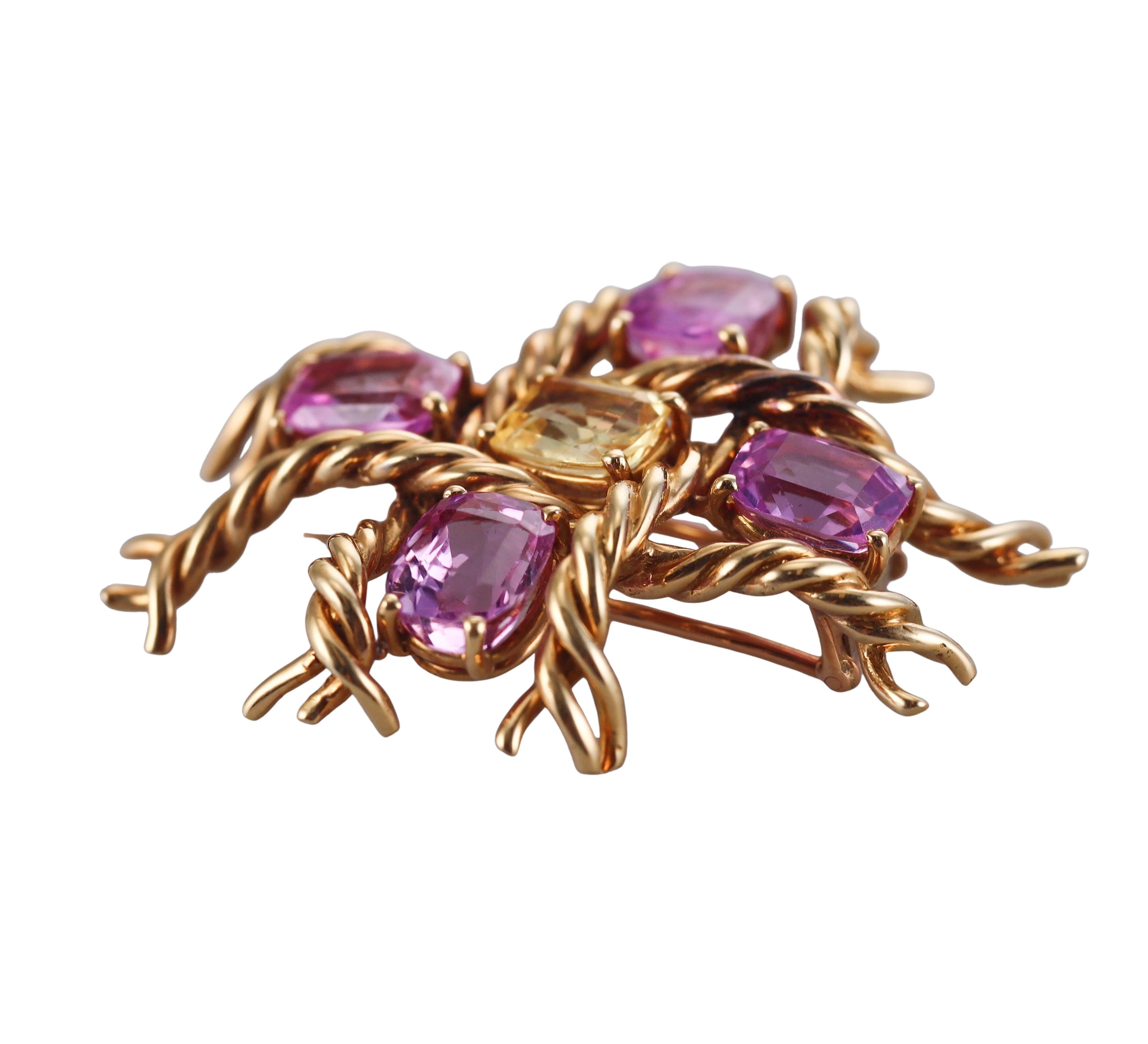 French Mid Century Yellow Pink Sapphire Gold Brooch