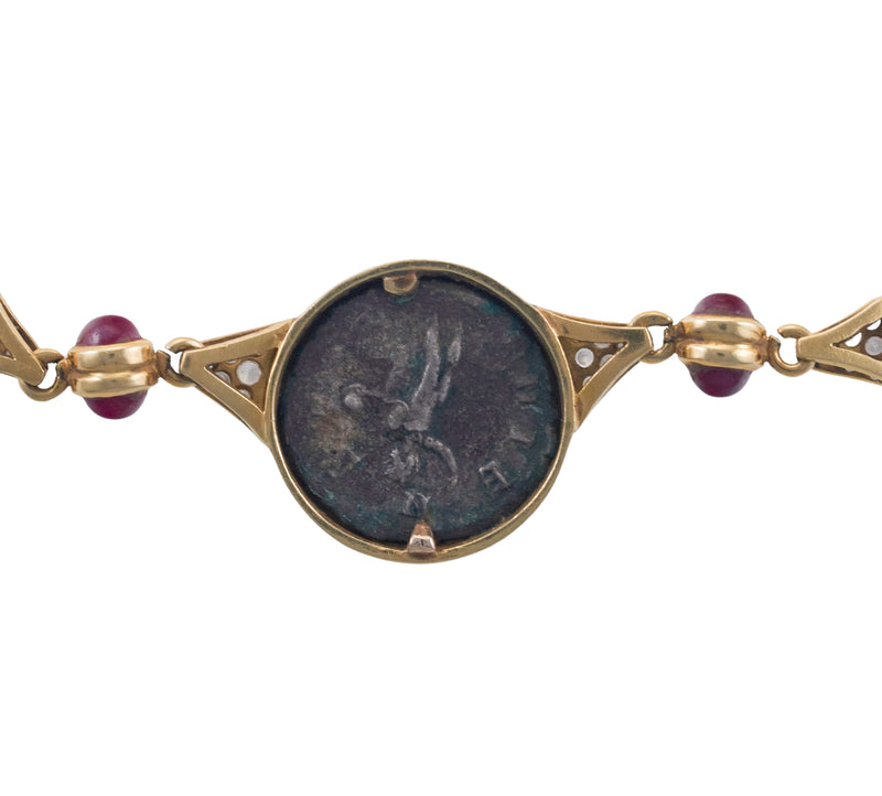 Italian Diamond Ruby Ancient Coin Gold Necklace