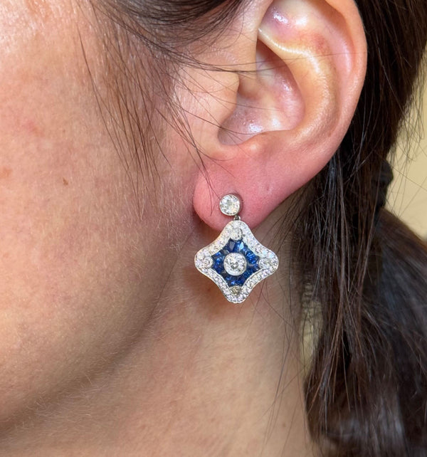 Platinum Diamond Sapphire Drop Earrings