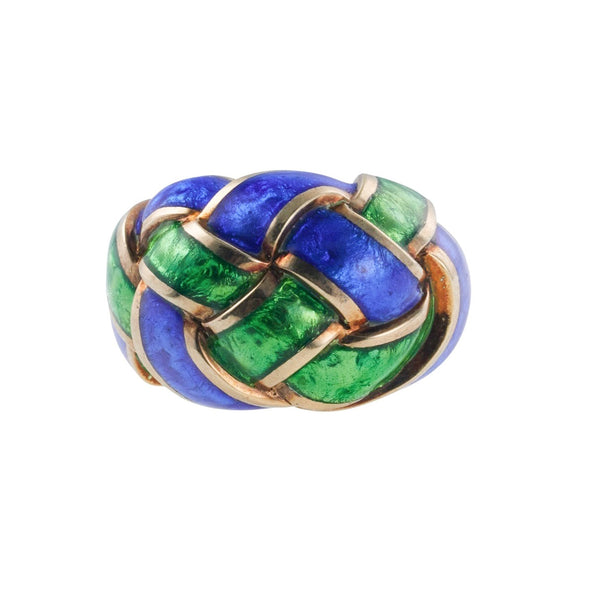 Tiffany & Co Schlumberger Green Blue Enamel Gold Woven Ring