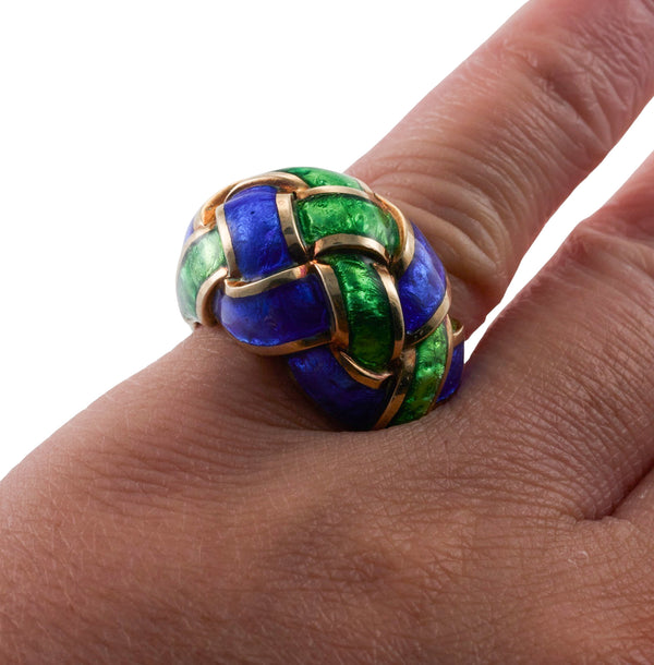 Tiffany & Co Schlumberger Green Blue Enamel Gold Woven Ring