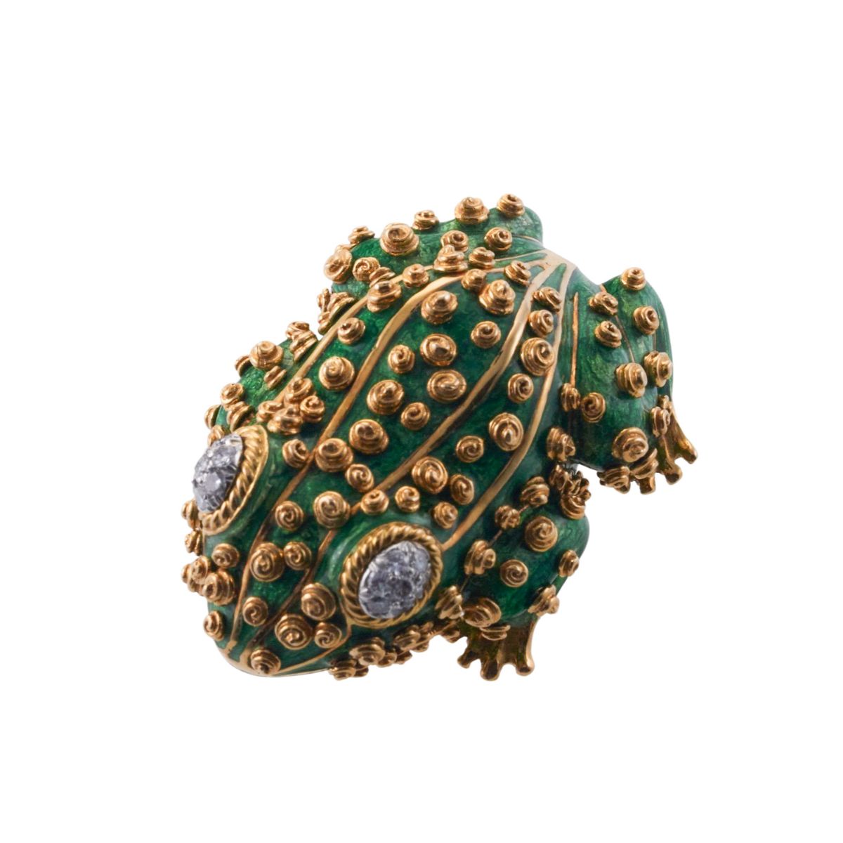 David Webb Gold Diamond Enamel Frog Brooch Pin