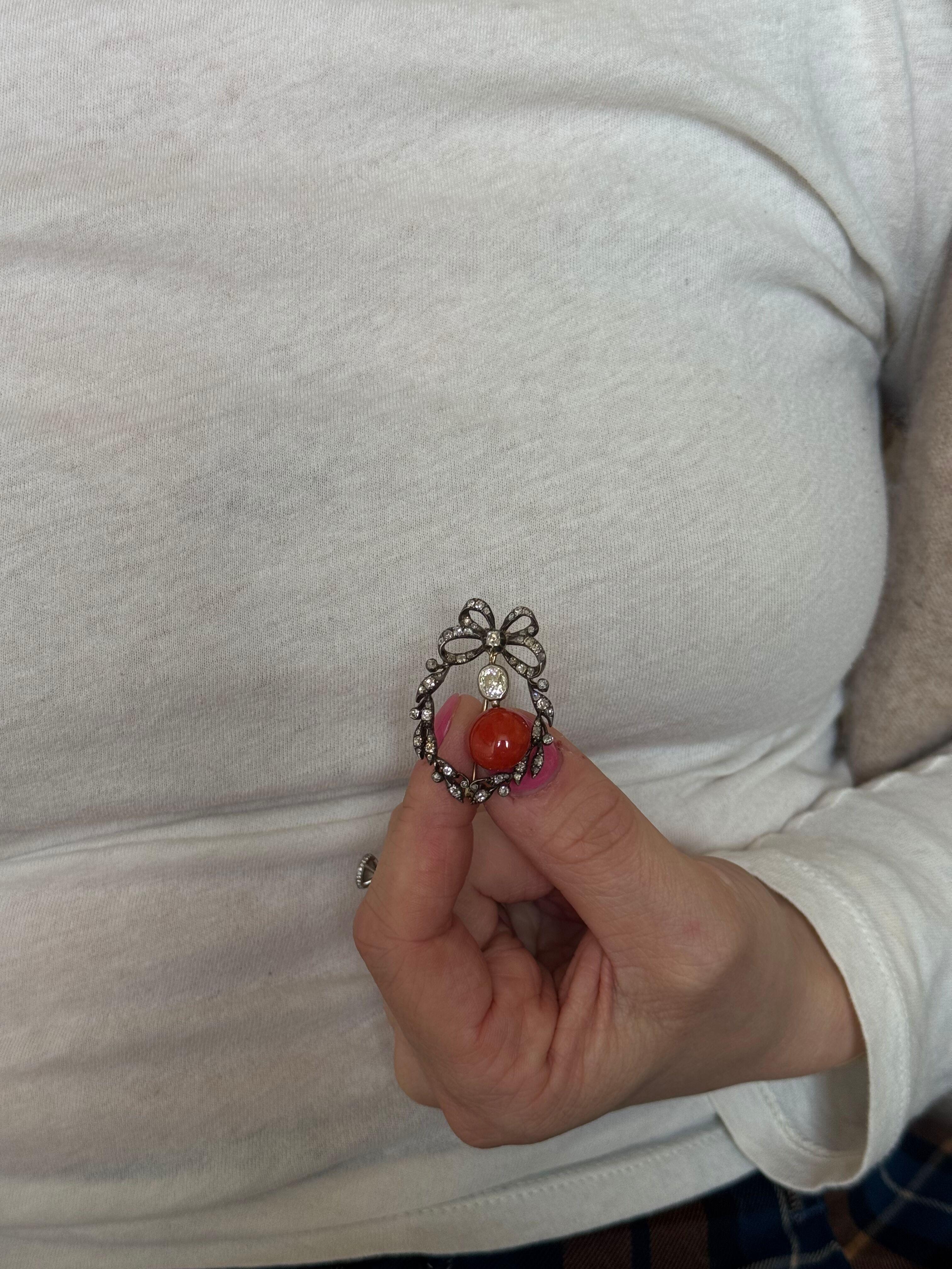 Antique Victorian Gold Silver Diamond Coral Bow Brooch Pendant