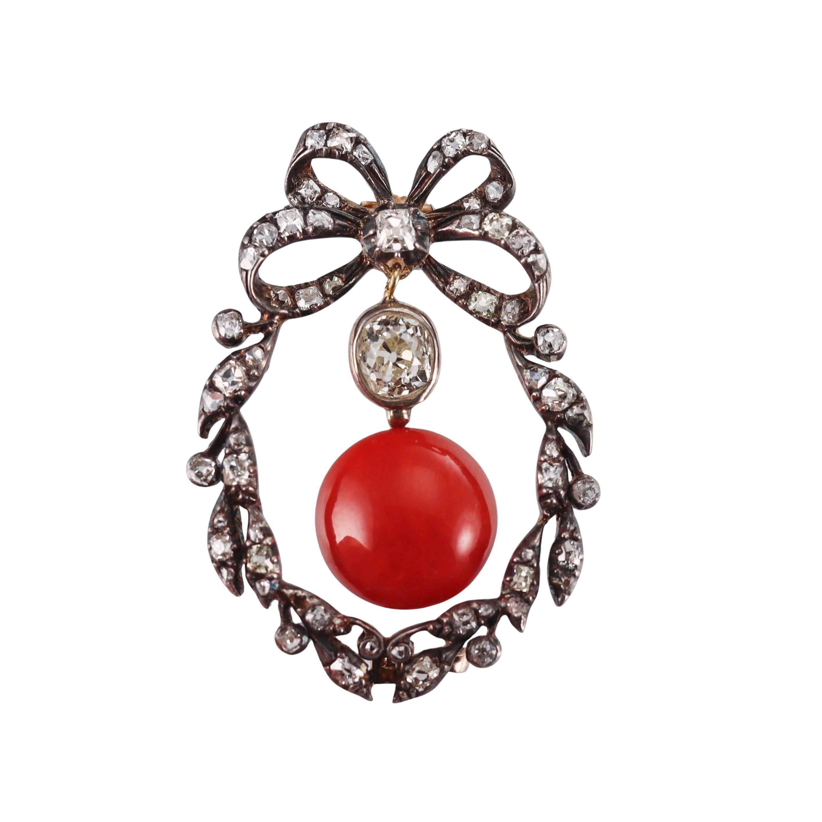 Antique Victorian Gold Silver Diamond Coral Bow Brooch Pendant