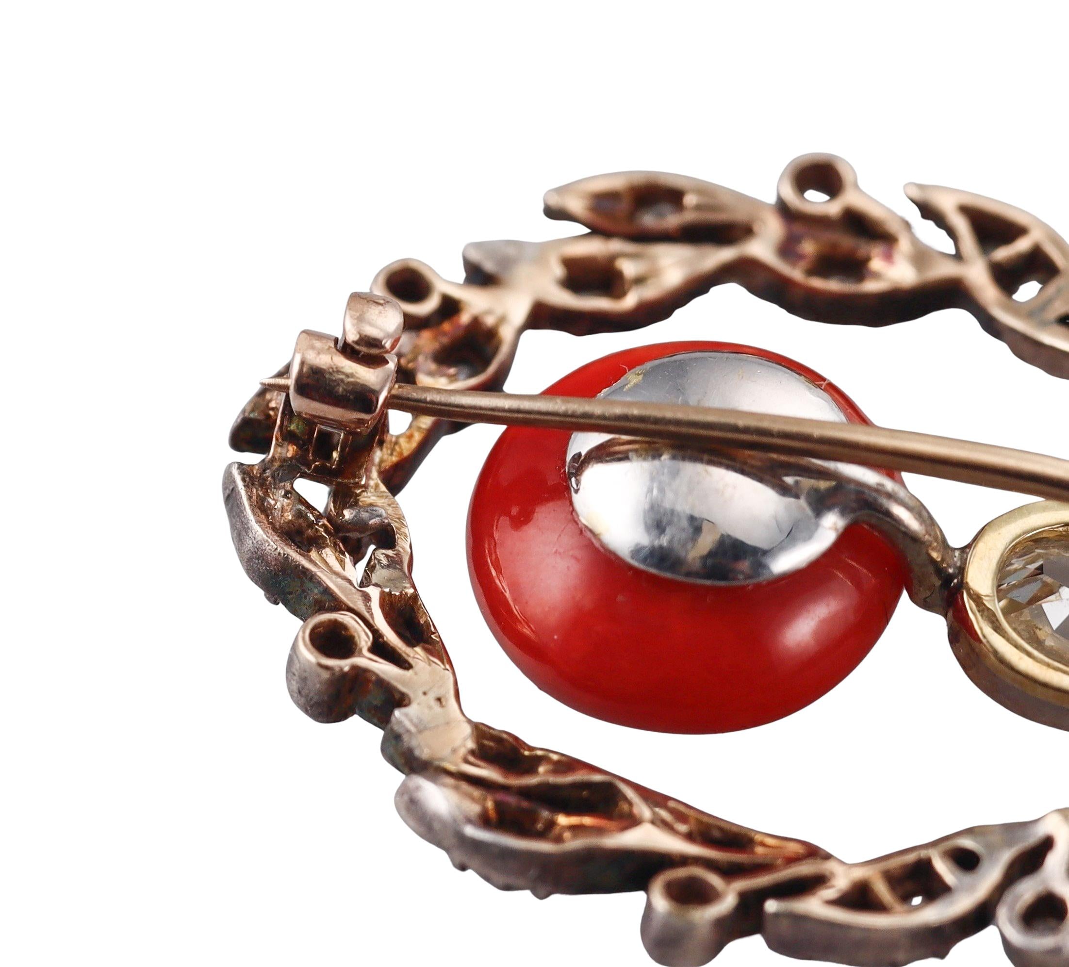 Antique Victorian Gold Silver Diamond Coral Bow Brooch Pendant