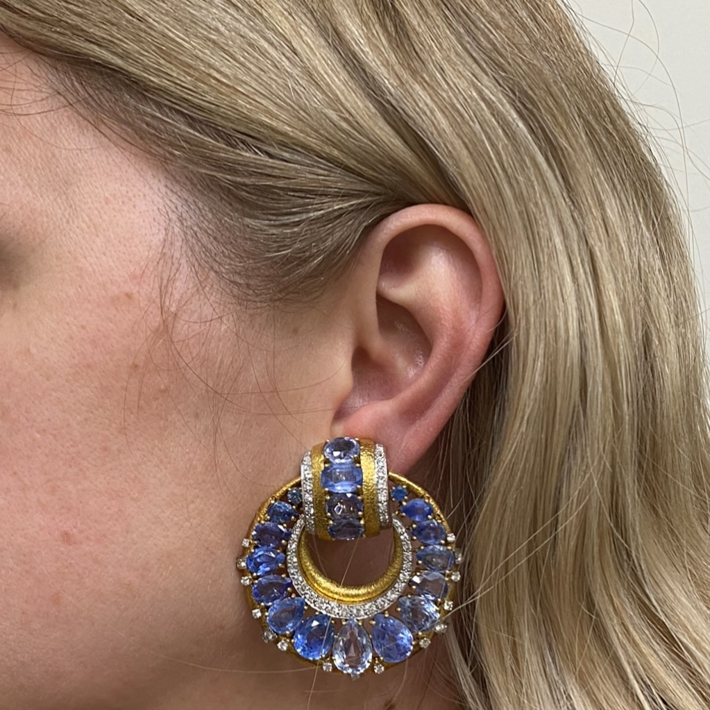 David Webb Vintage Gold Diamond Sapphire Door Knocker Earrings