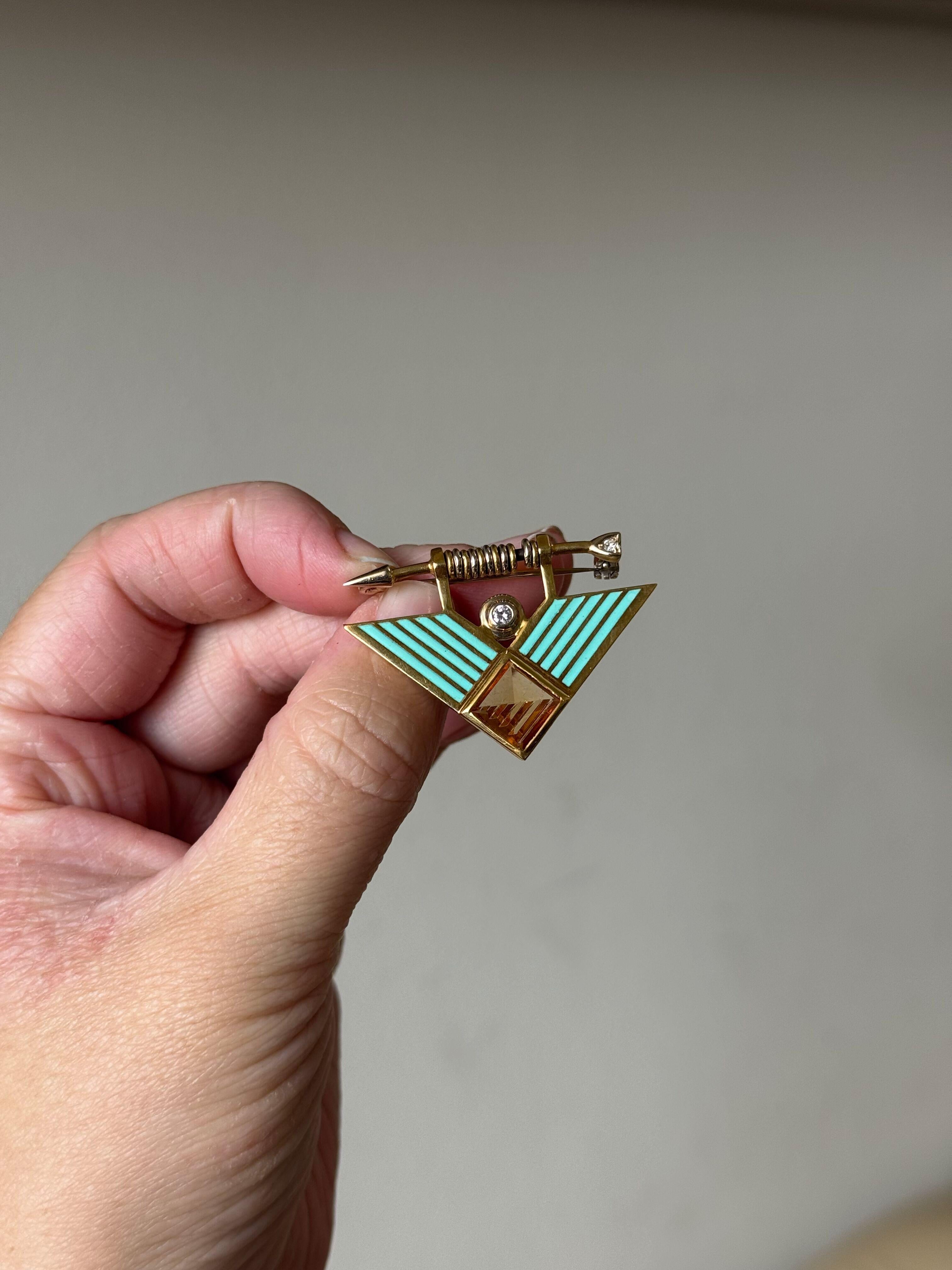 Manfredi Gold Diamond Citrine Enamel Brooch Pin