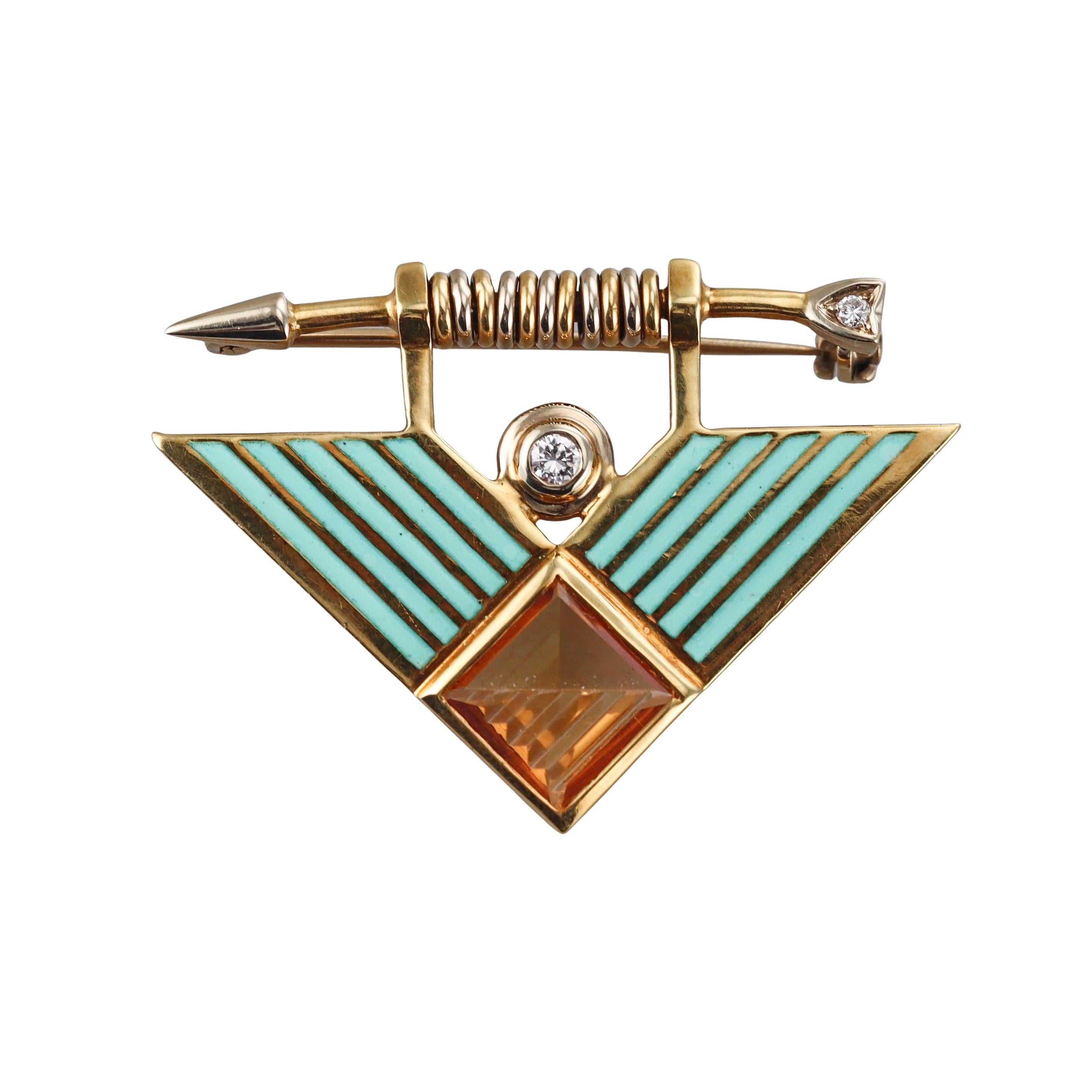 Manfredi Gold Diamond Citrine Enamel Brooch Pin