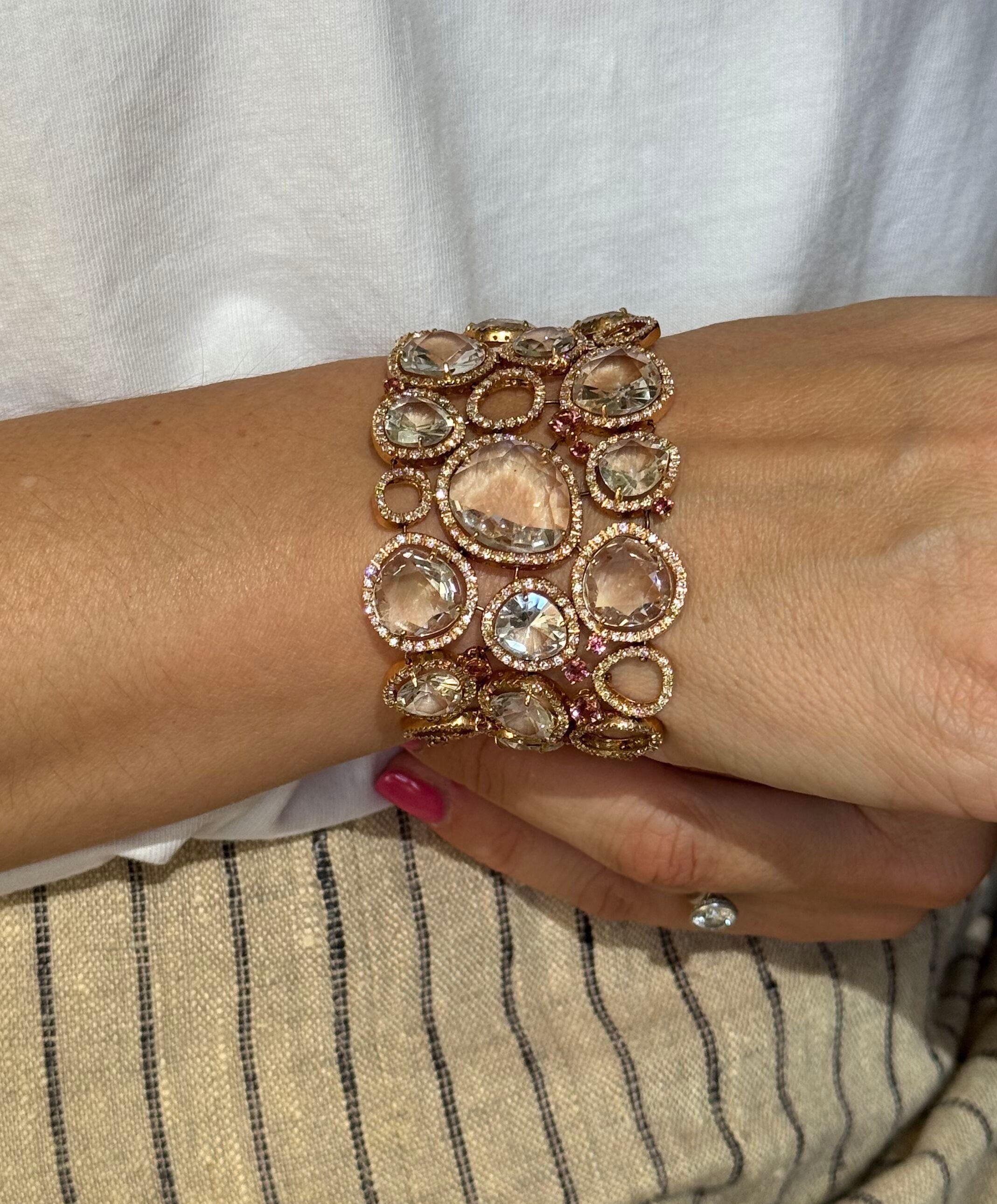 David Morris Gold Diamond Pink Sapphire Quartz Bracelet