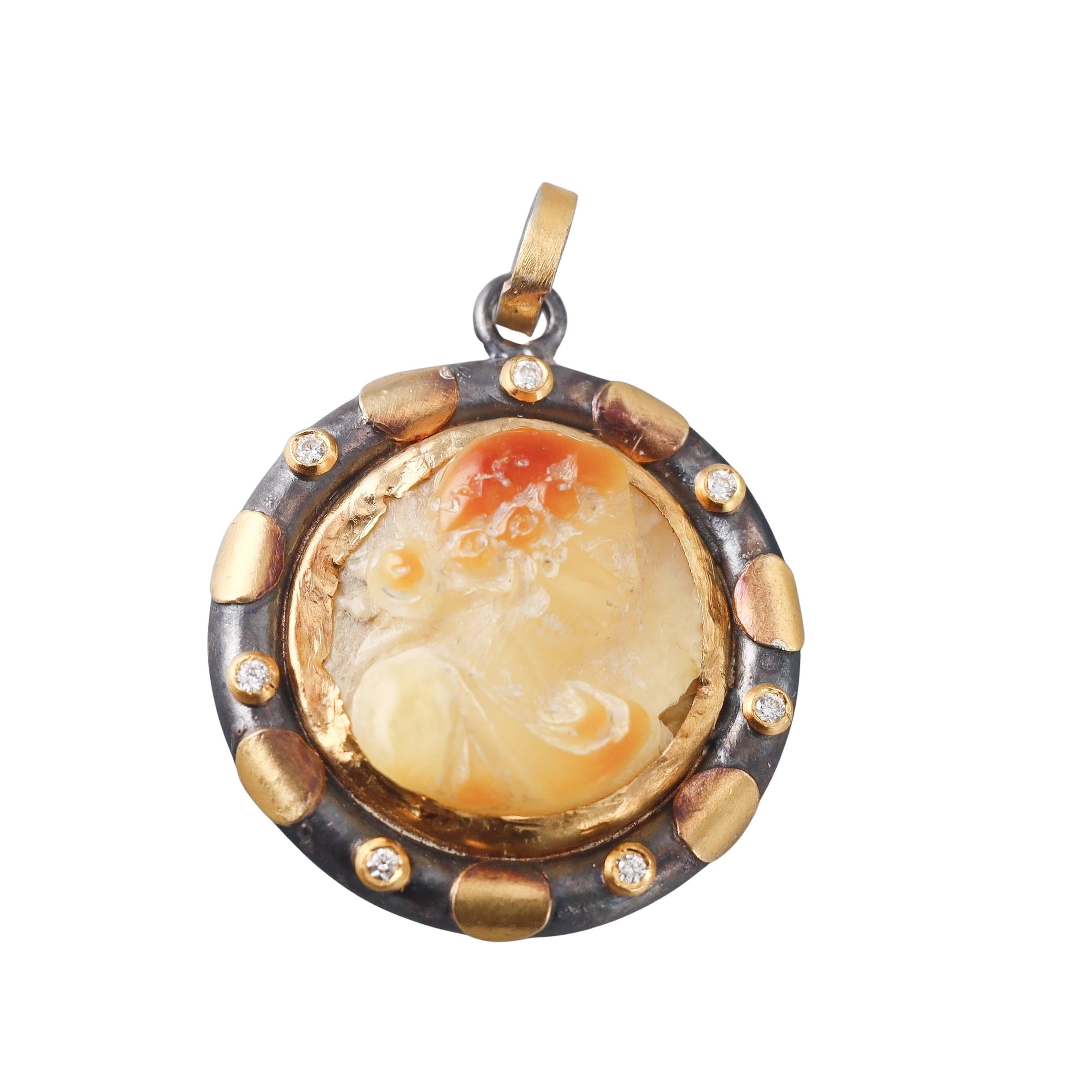 Ancient Inspired Gold Silver Amber Cameo Diamond Pendant