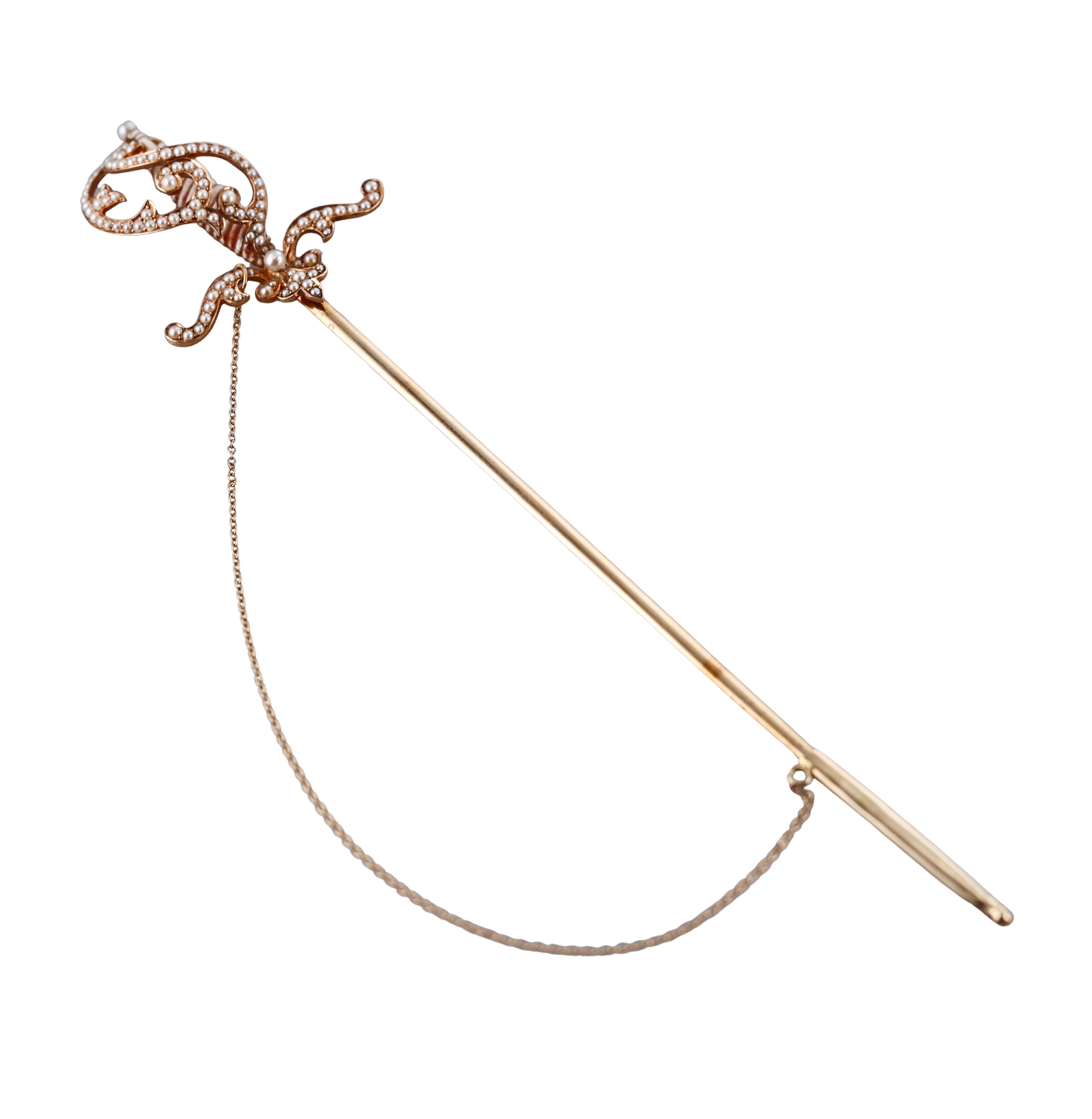 Antique Victorian Gold Seed Pearl Enamel Jabot Sword Pin