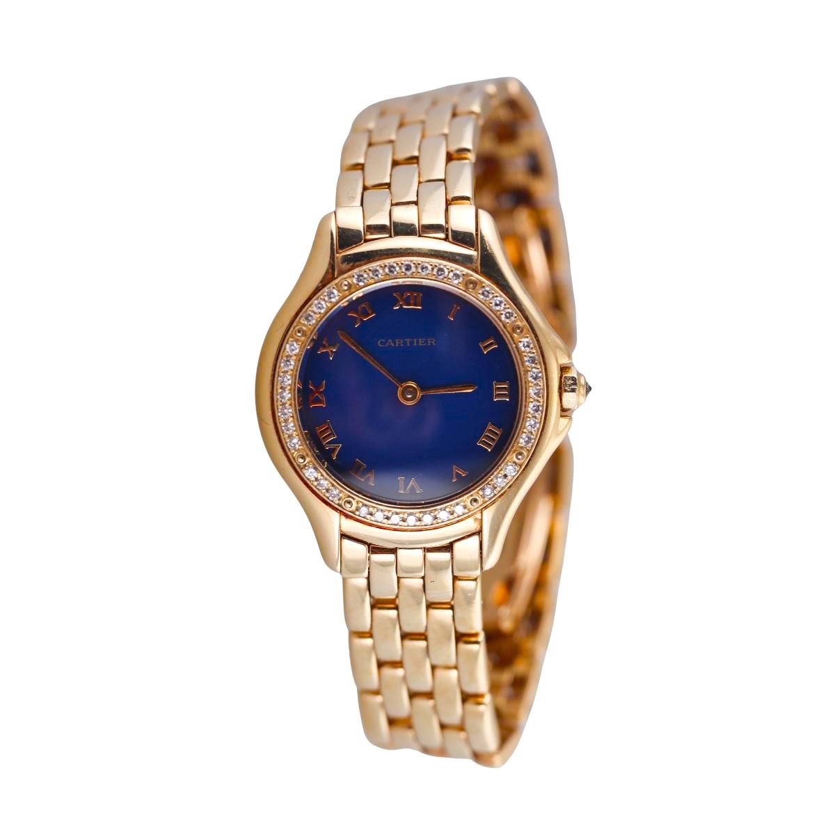 Cartier Cougar Figaro 18k Gold Blue Dial Diamond Quartz Ladies Watch 887907
