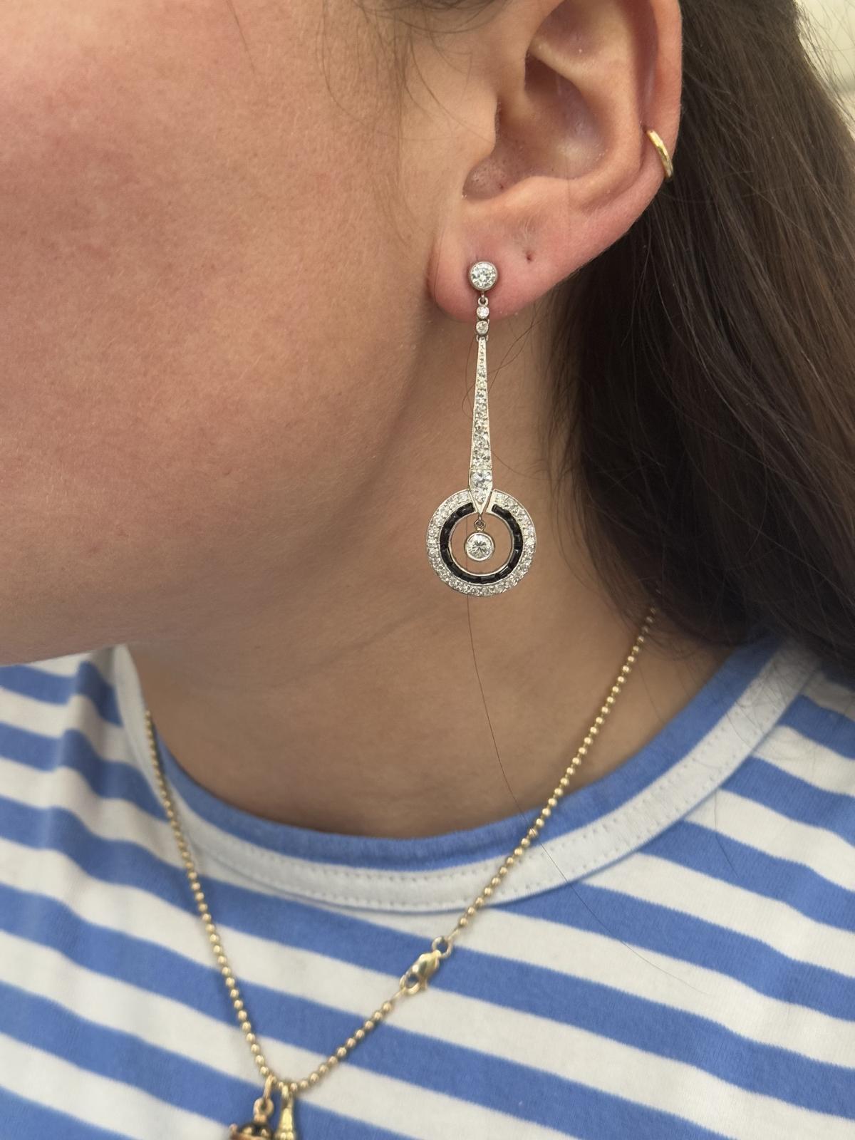 Platinum Diamond Onyx Drop Earrings