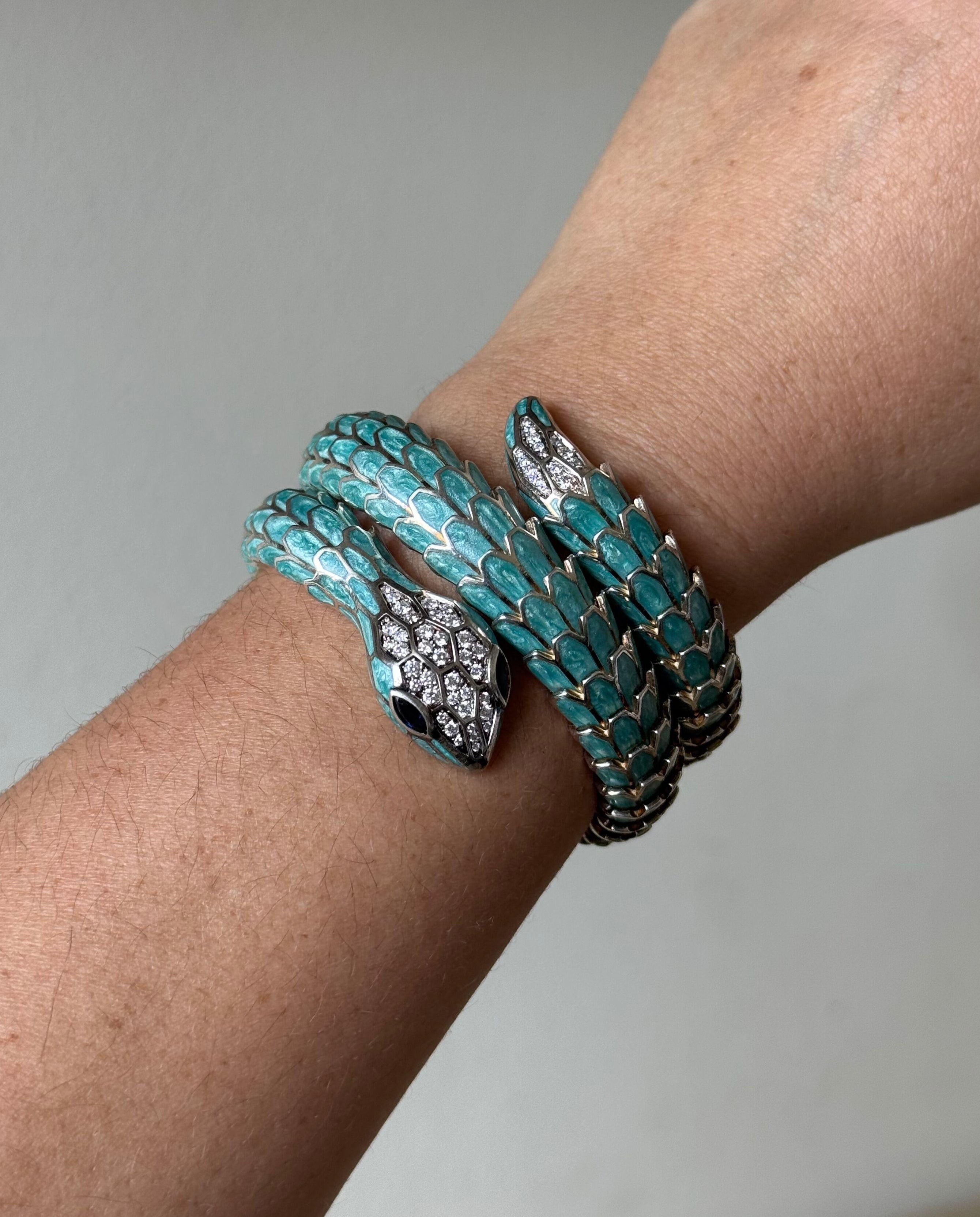 Alexis NY Gold Silver Diamond Sapphire Enamel Snake Wrap Bracelet