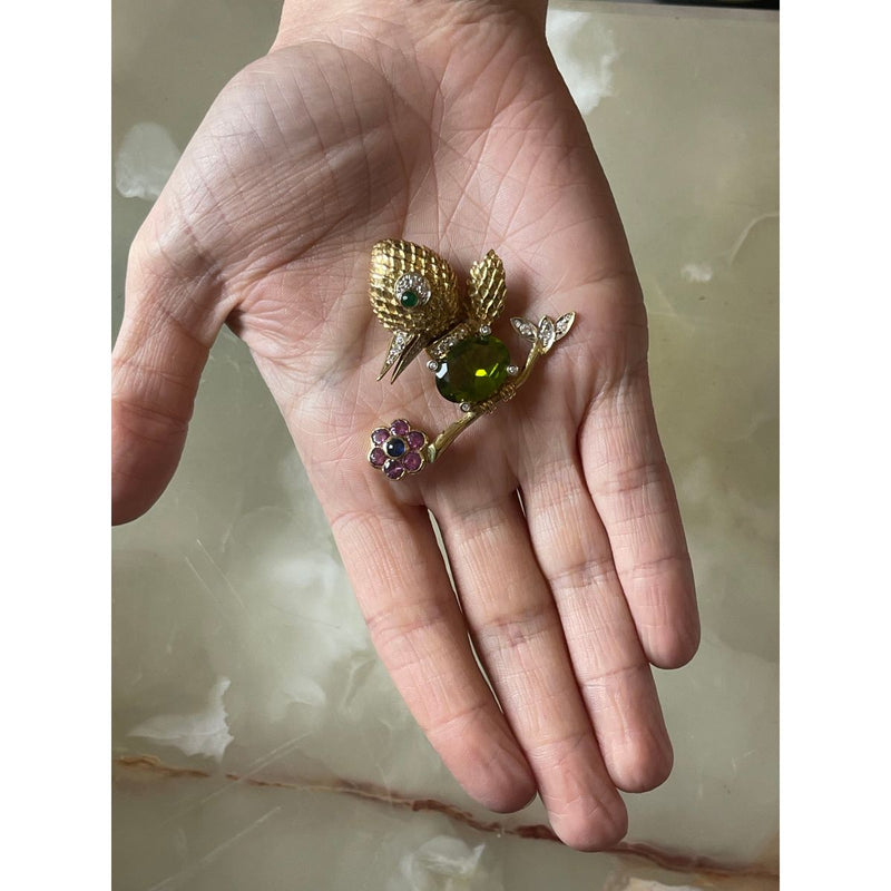 Peridot Diamond Sapphire Emerald Gold Bird Brooch