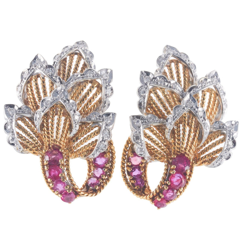 Midcentury Gold Diamond Ruby Earrings