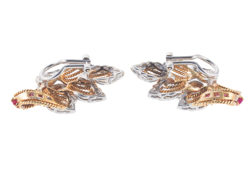 Midcentury Gold Diamond Ruby Earrings