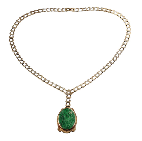 Art Deco Gold Carved Jade Pendant Necklace