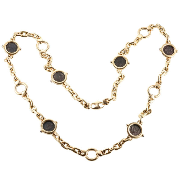 Italian Gold Sapphire Ancient Coin Long Necklace Chain