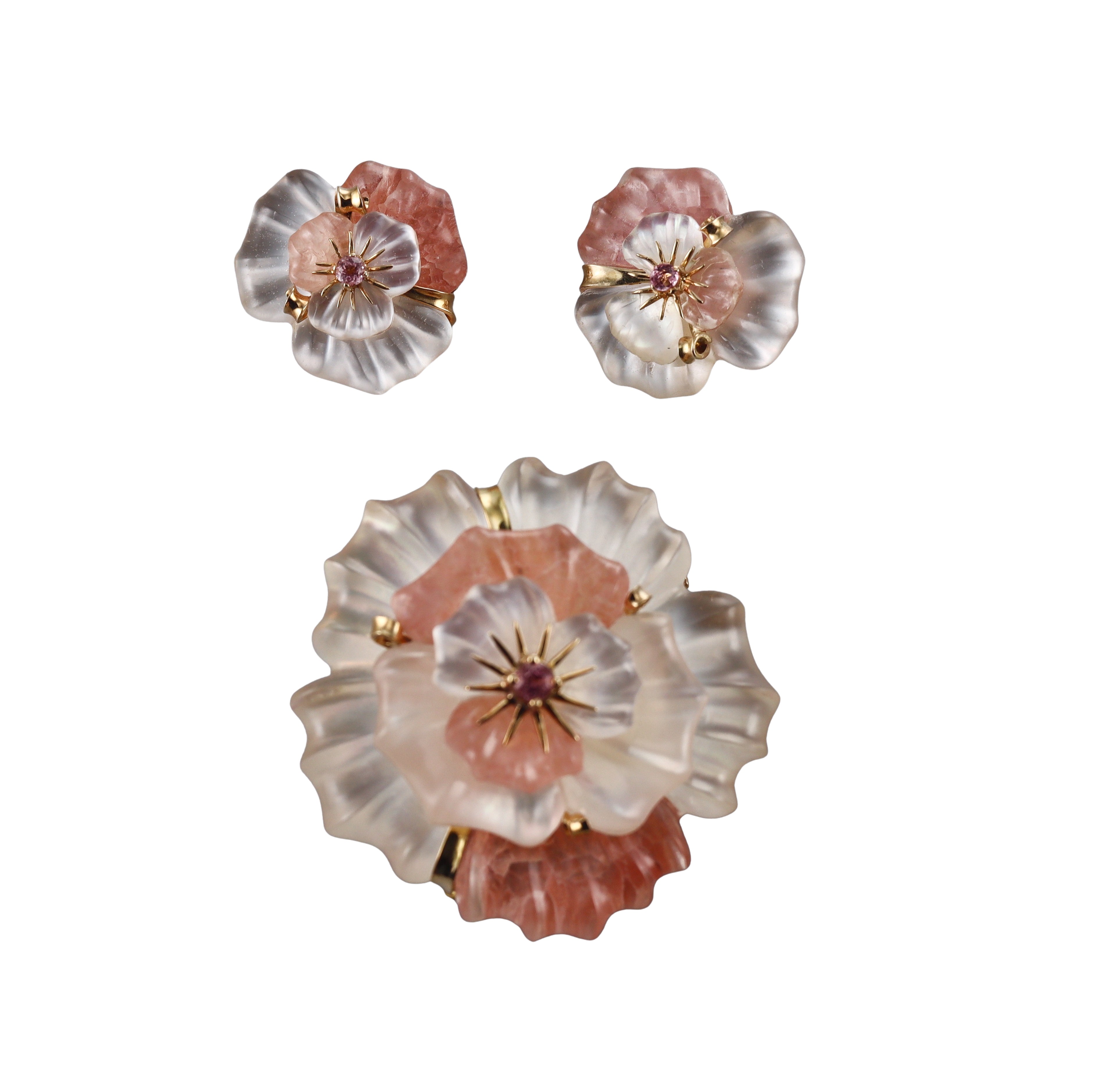 Kanaris Crystal Pink Sapphire Gold Flower Earrings Brooch Set
