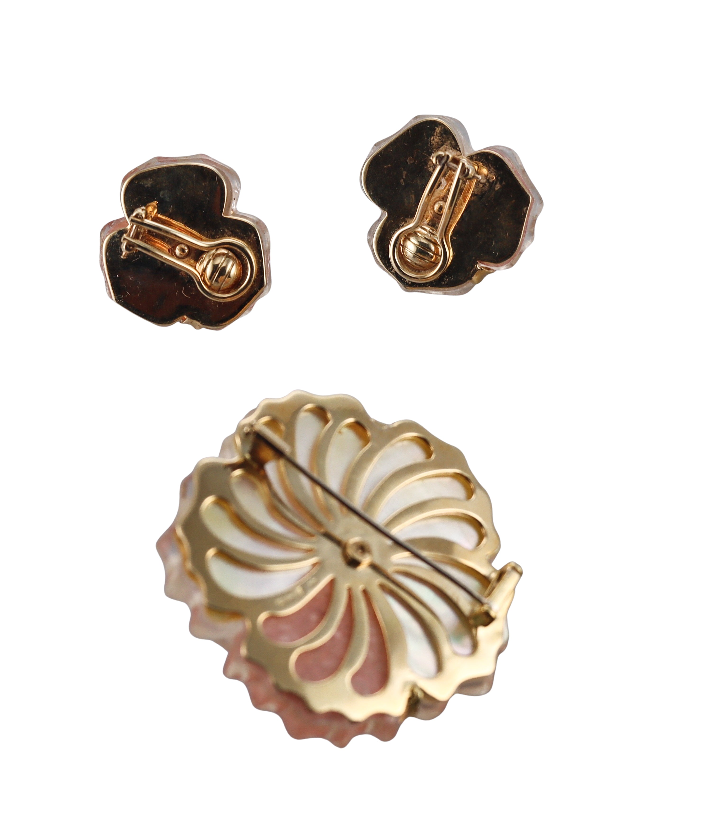 Kanaris Crystal Pink Sapphire Gold Flower Earrings Brooch Set