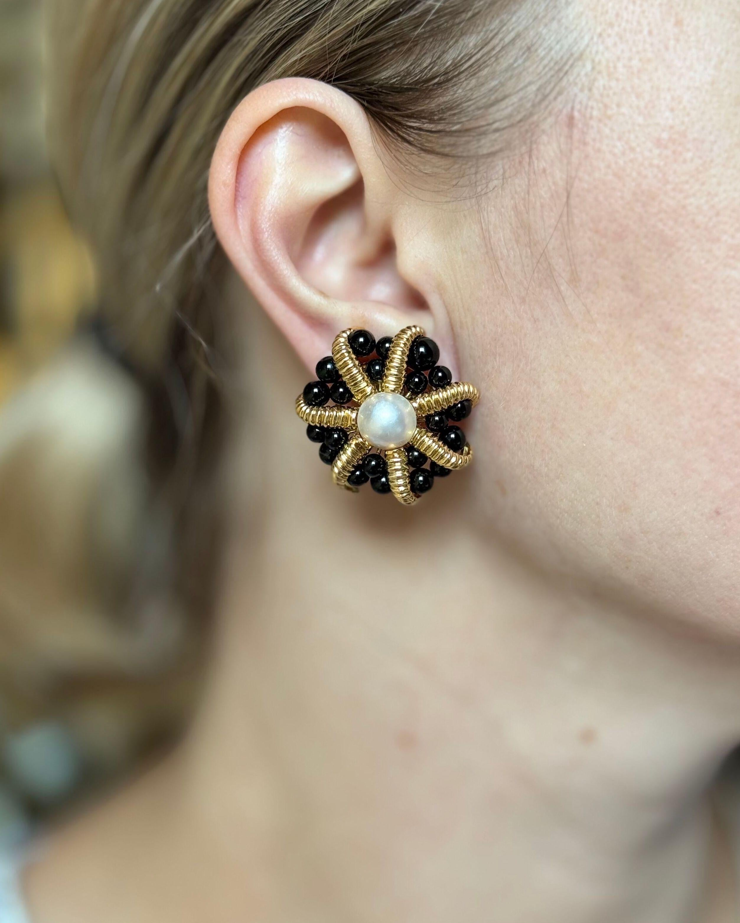 Tiffany & Co Gold Onyx Pearl Earrings