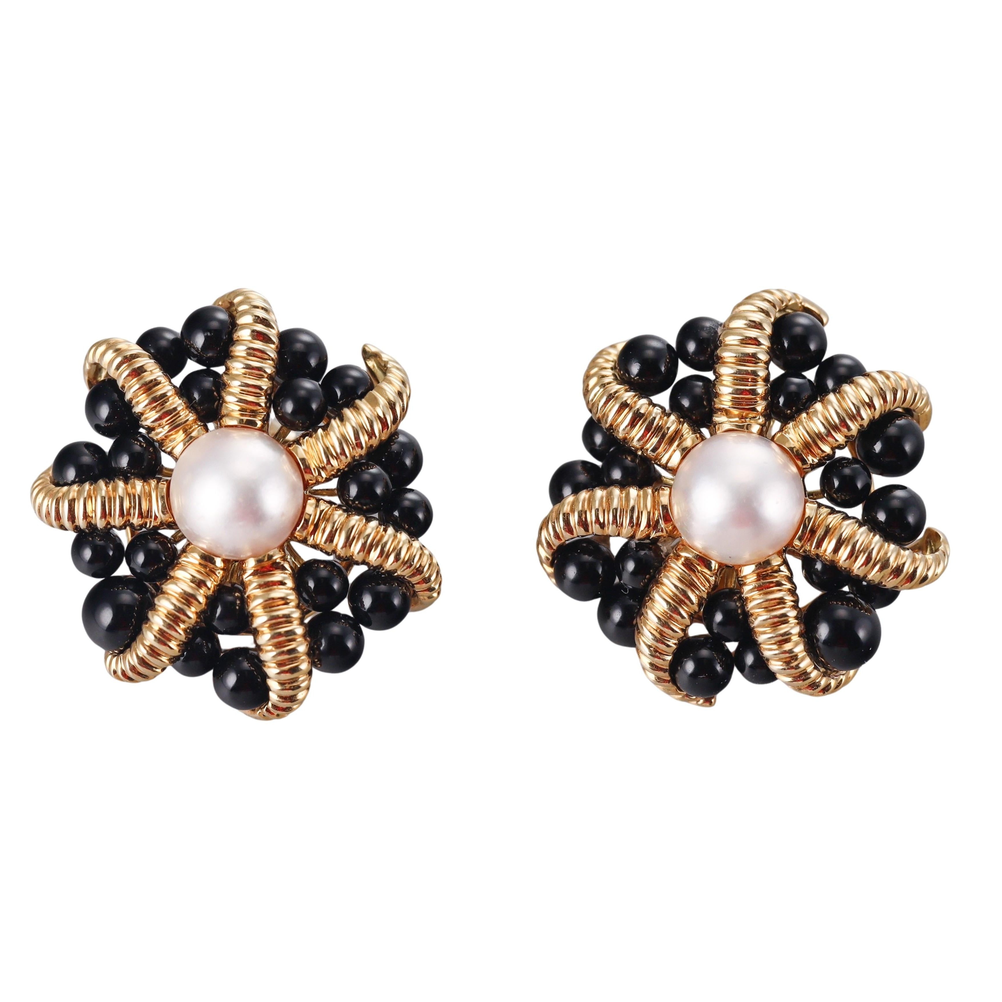 Tiffany & Co Gold Onyx Pearl Earrings