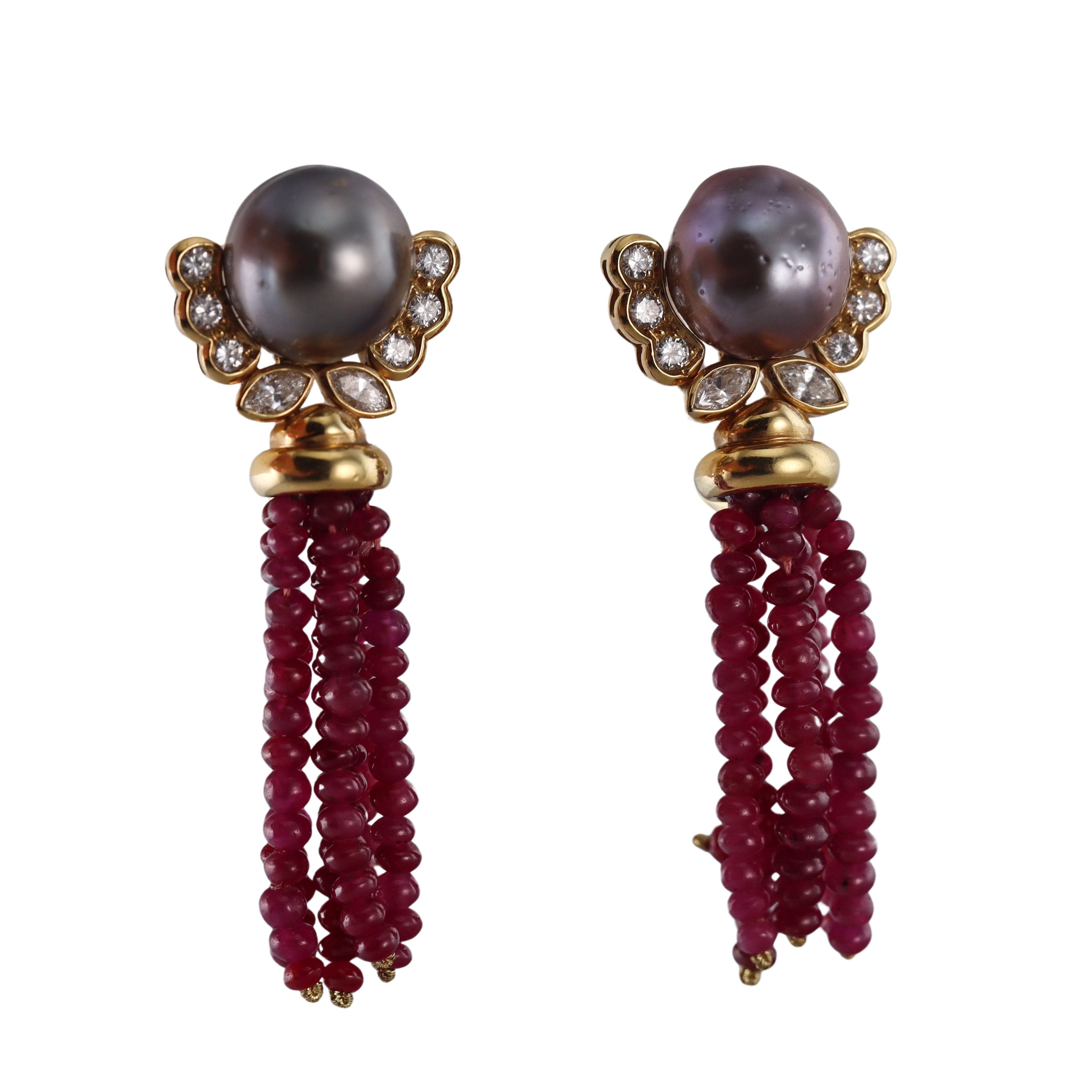 Andrew Clunn Gold Ruby Pearl Diamond Tassel Earrings