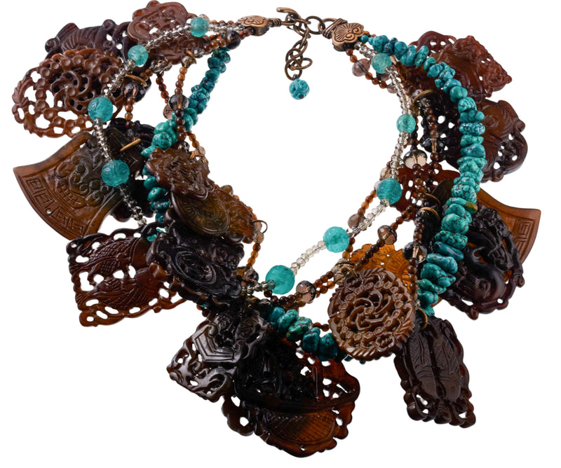 Stephen Dweck Bronze Turquoise Quartz Carved Stone Necklace