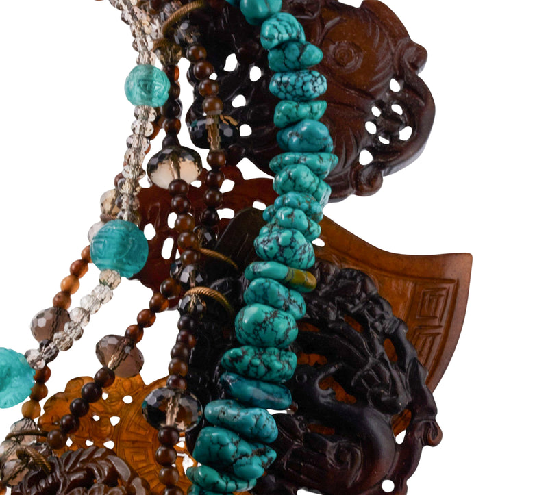 Stephen Dweck Bronze Turquoise Quartz Carved Stone Necklace