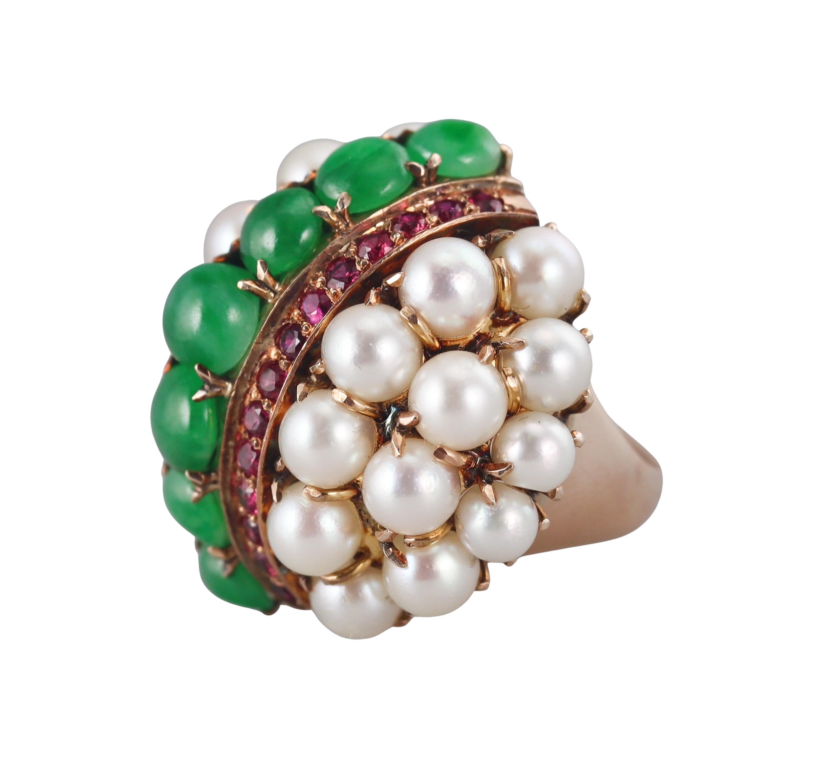 Retro Sapphire Ruby Pearl Jade Gold Cocktail Ring