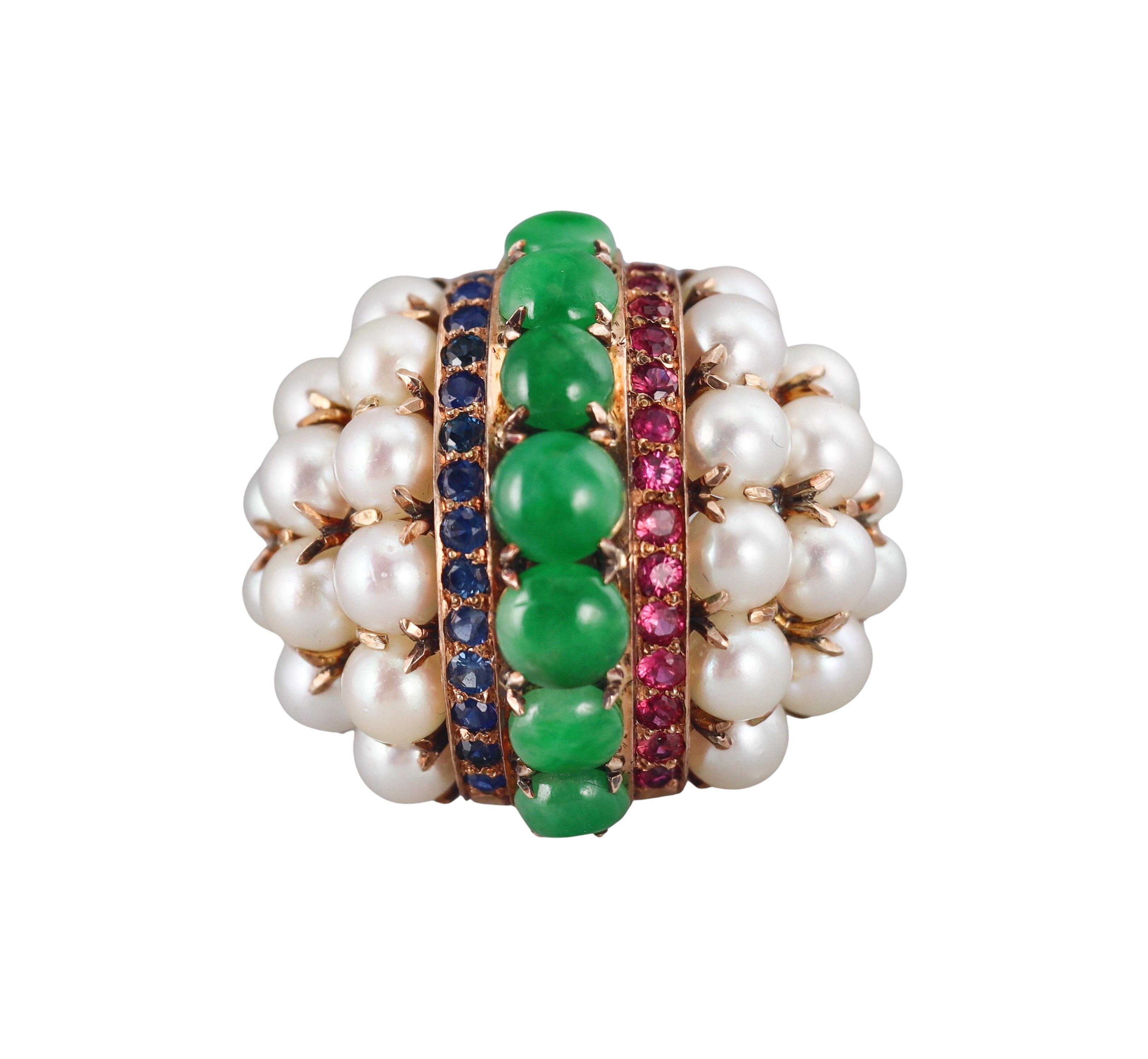 Retro Sapphire Ruby Pearl Jade Gold Cocktail Ring