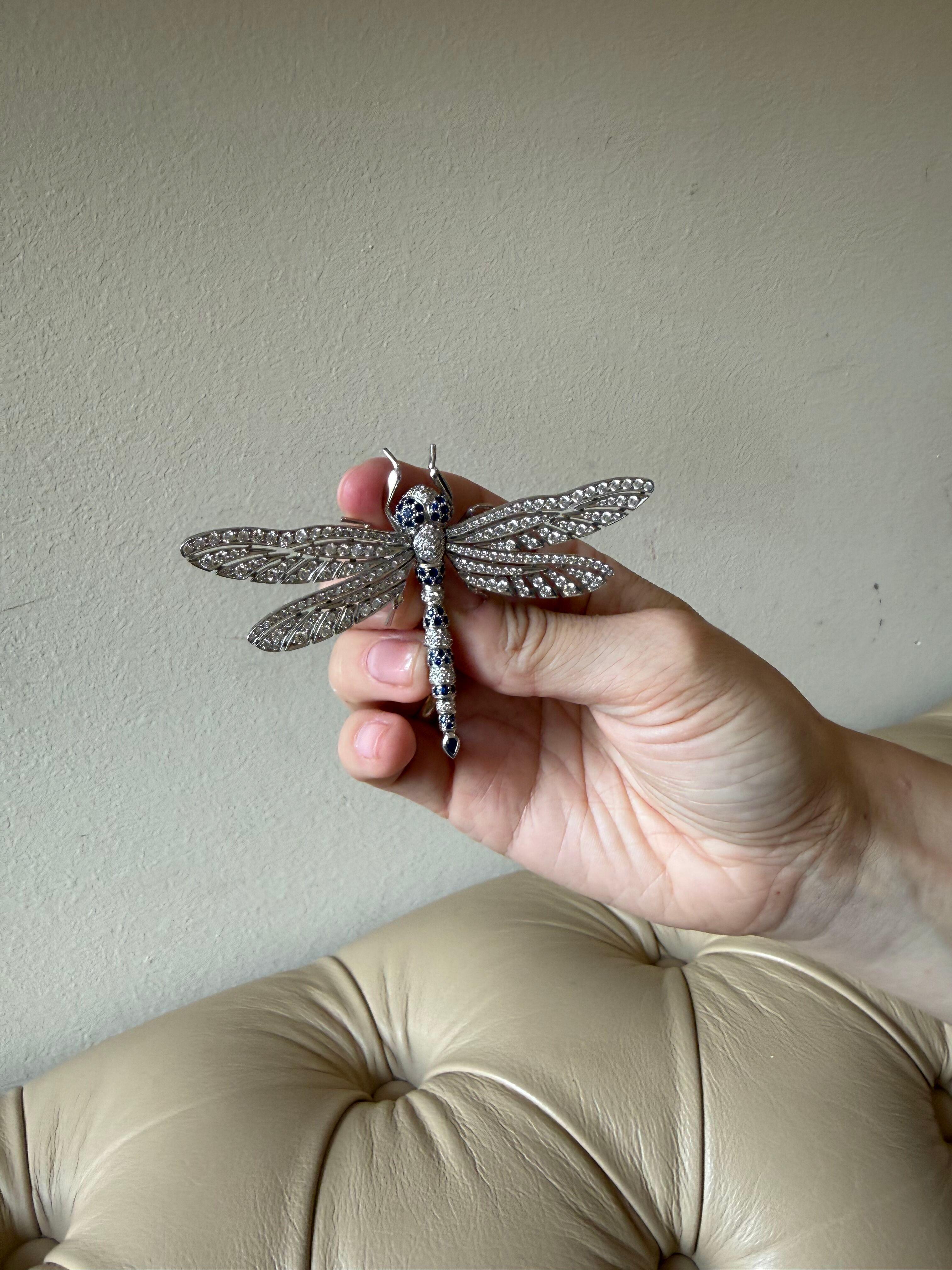 Jean Vitau Platinum 4.60ctw Diamond Sapphire Dragonfly Brooch