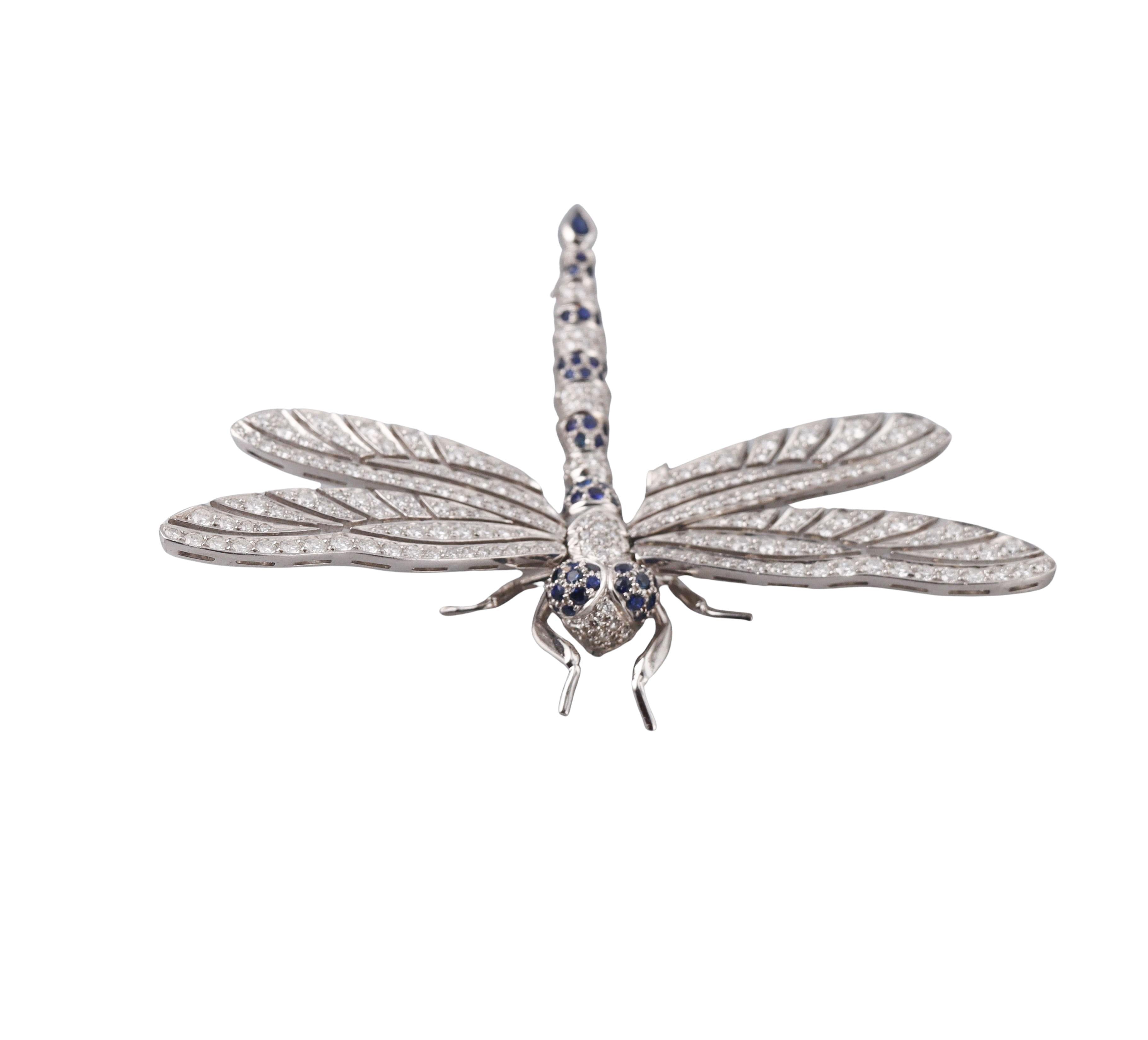 Jean Vitau Platinum 4.60ctw Diamond Sapphire Dragonfly Brooch