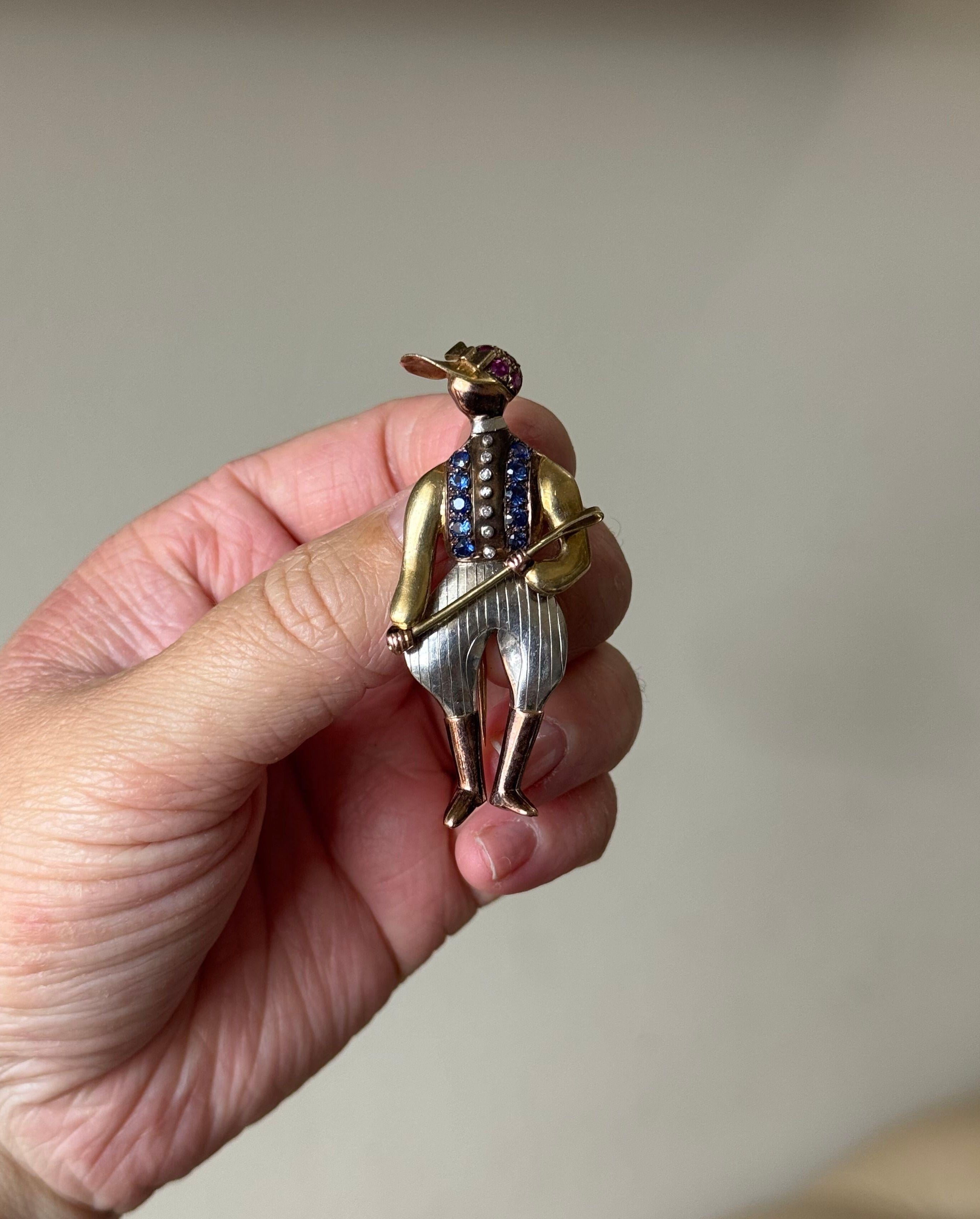 Retro Vintage Gold Diamond Sapphire Jockey Brooch Pin Brooch