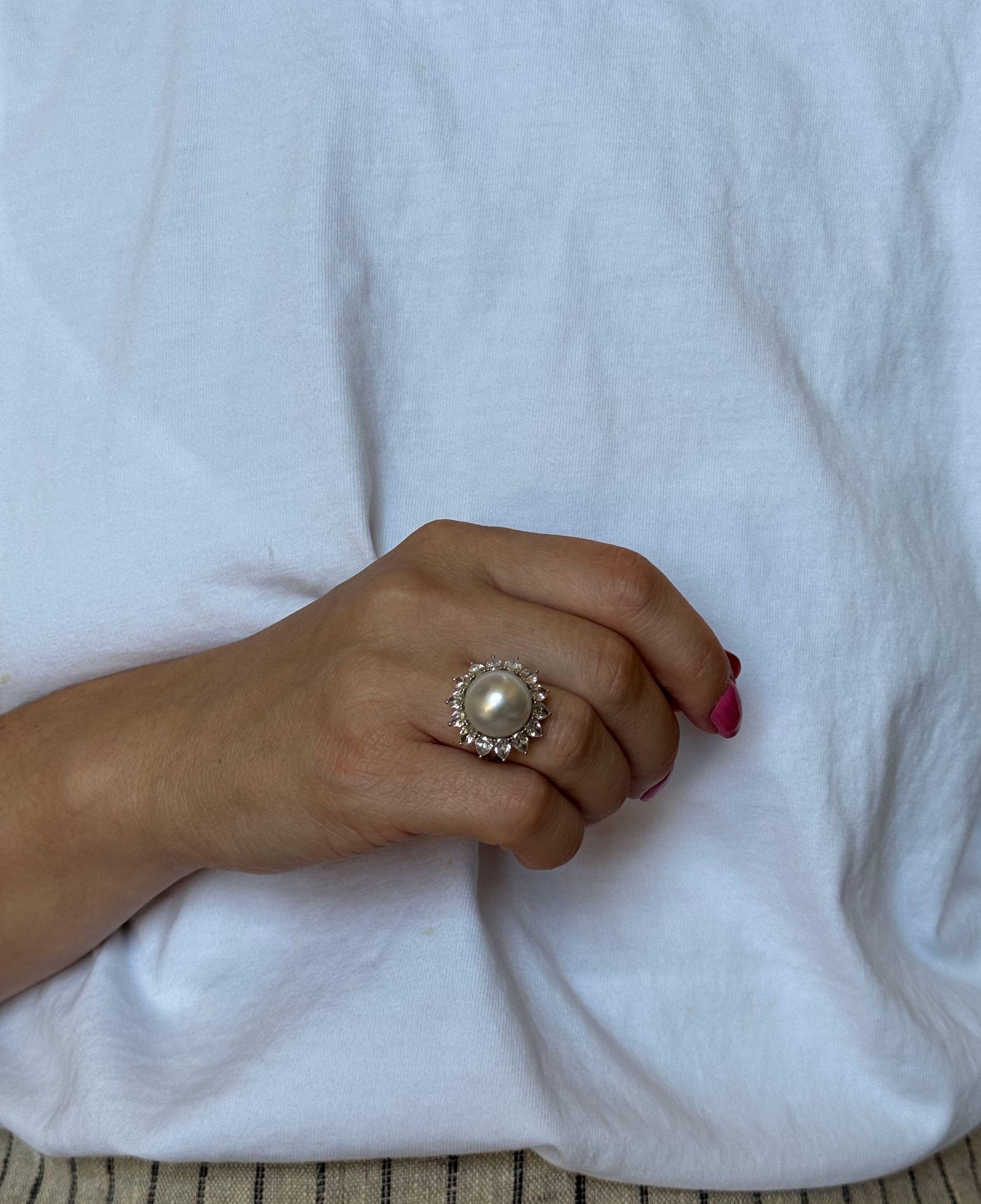 Platinum 13.9mm South Sea Pearl Diamond Cocktail Ring