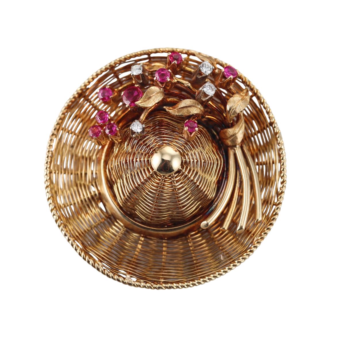 Tiffany & Co. Midcentury Gold Diamond Ruby Straw Hat Pendant Brooch