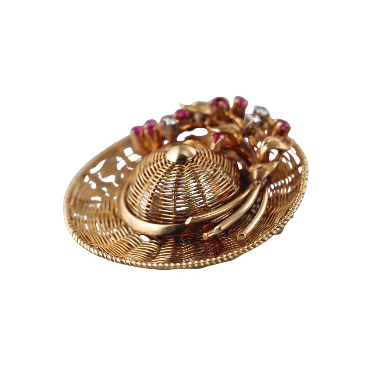 Tiffany & Co. Midcentury Gold Diamond Ruby Straw Hat Pendant Brooch